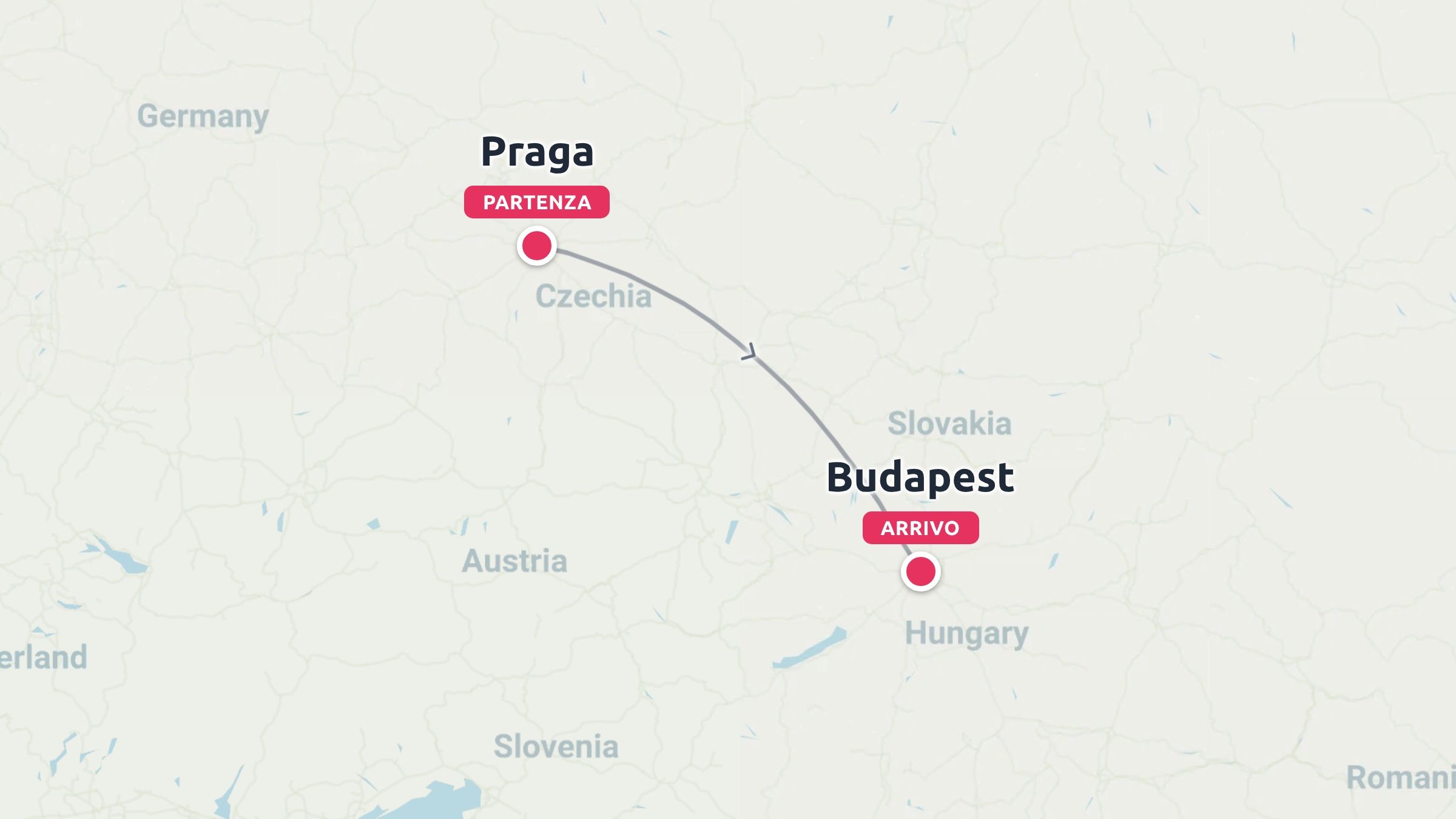 Una mappa di un itinerario di viaggio che mostra un percorso curvo da Praga in Cechia a Budapest in Ungheria