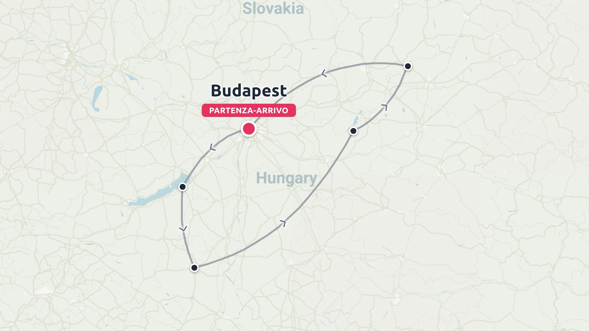 Mappa dell'itinerario di viaggio in Ungheria con partenza e arrivo a Budapest e fermate segnalate