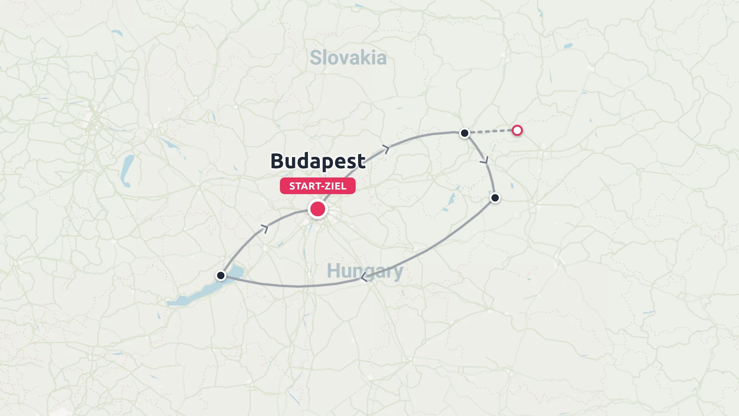 Reiseroute fur Ungarn mit Start und Ziel in Budapest und beschrifteten Stopps im ganzen Land