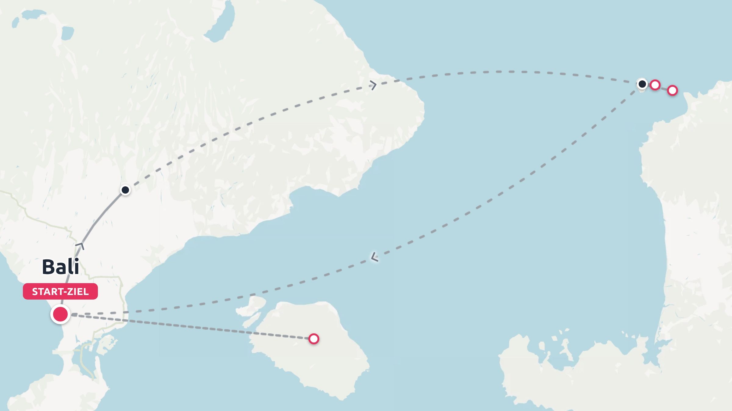Eine Reiseroute, die in Bali beginnt und endet und gestrichelte Reiserouten über benachbarte Inseln und das Meer zeigt.