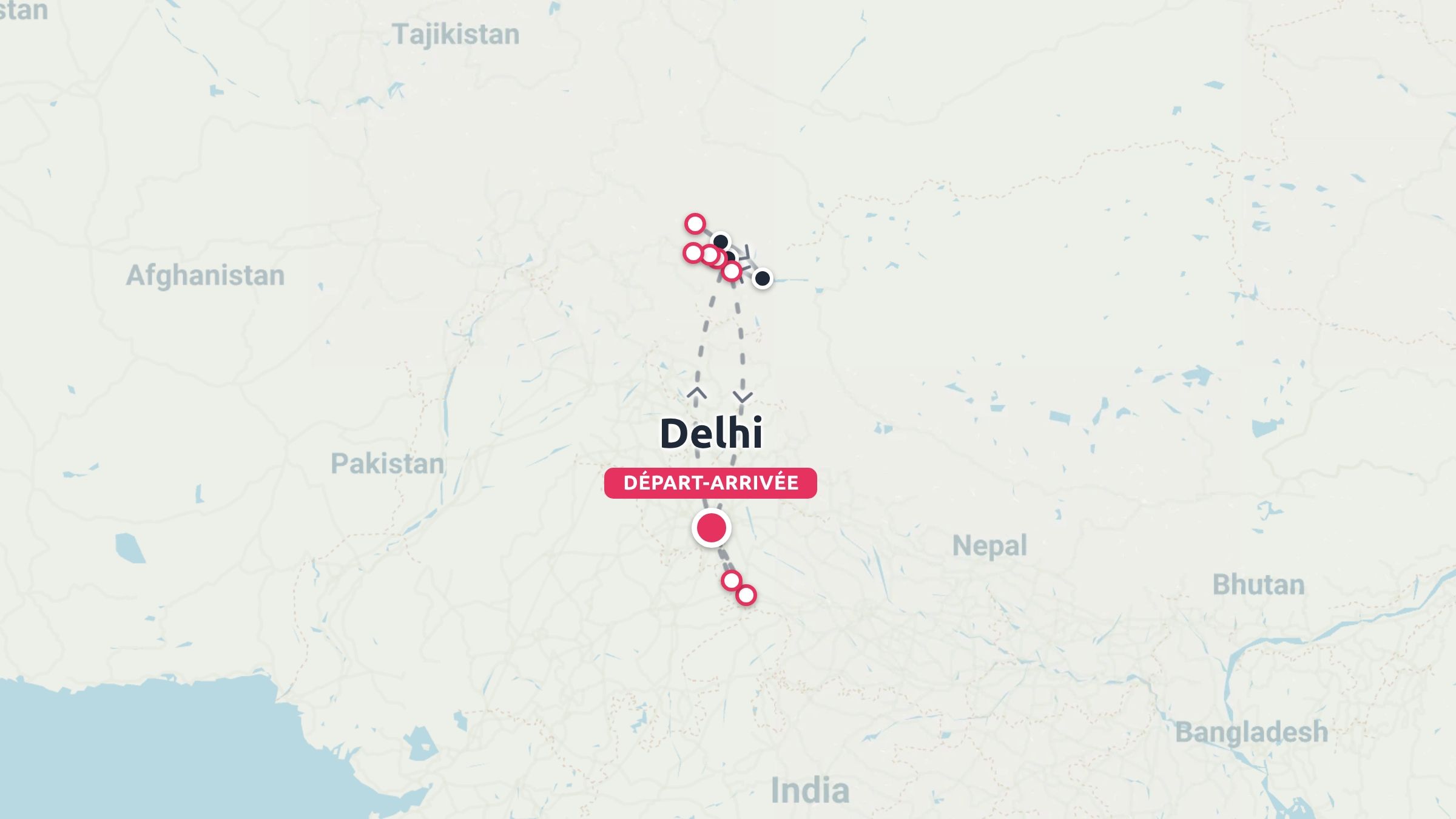 Carte d'itinéraire de voyage montrant un parcours en Inde avec le départ et l'arrivée marqués à Delhi, s'étendant vers le nord.