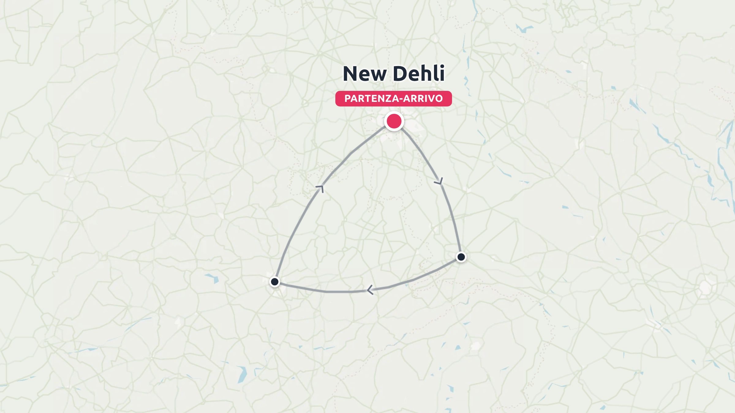 Una mappa dell'itinerario di viaggio che mostra un anello triangolare con partenza e arrivo a Nuova Delhi.