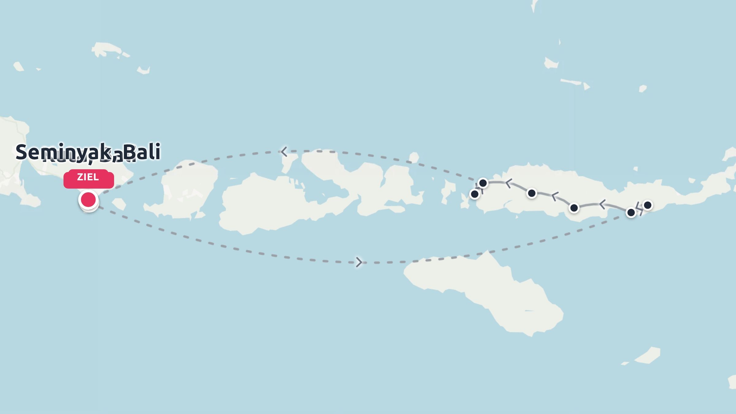 Eine Reiseroute, die eine Rundreise über indonesische Inseln verbunden mit Seminyak auf Bali zeigt.