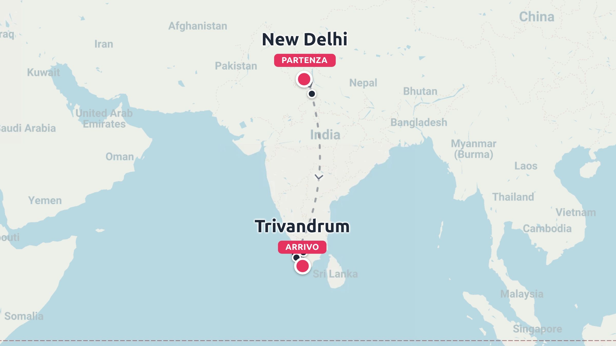 Mappa di viaggio dell'India che mostra una linea di rotta dal punto di partenza New Delhi al punto di arrivo Trivandrum.