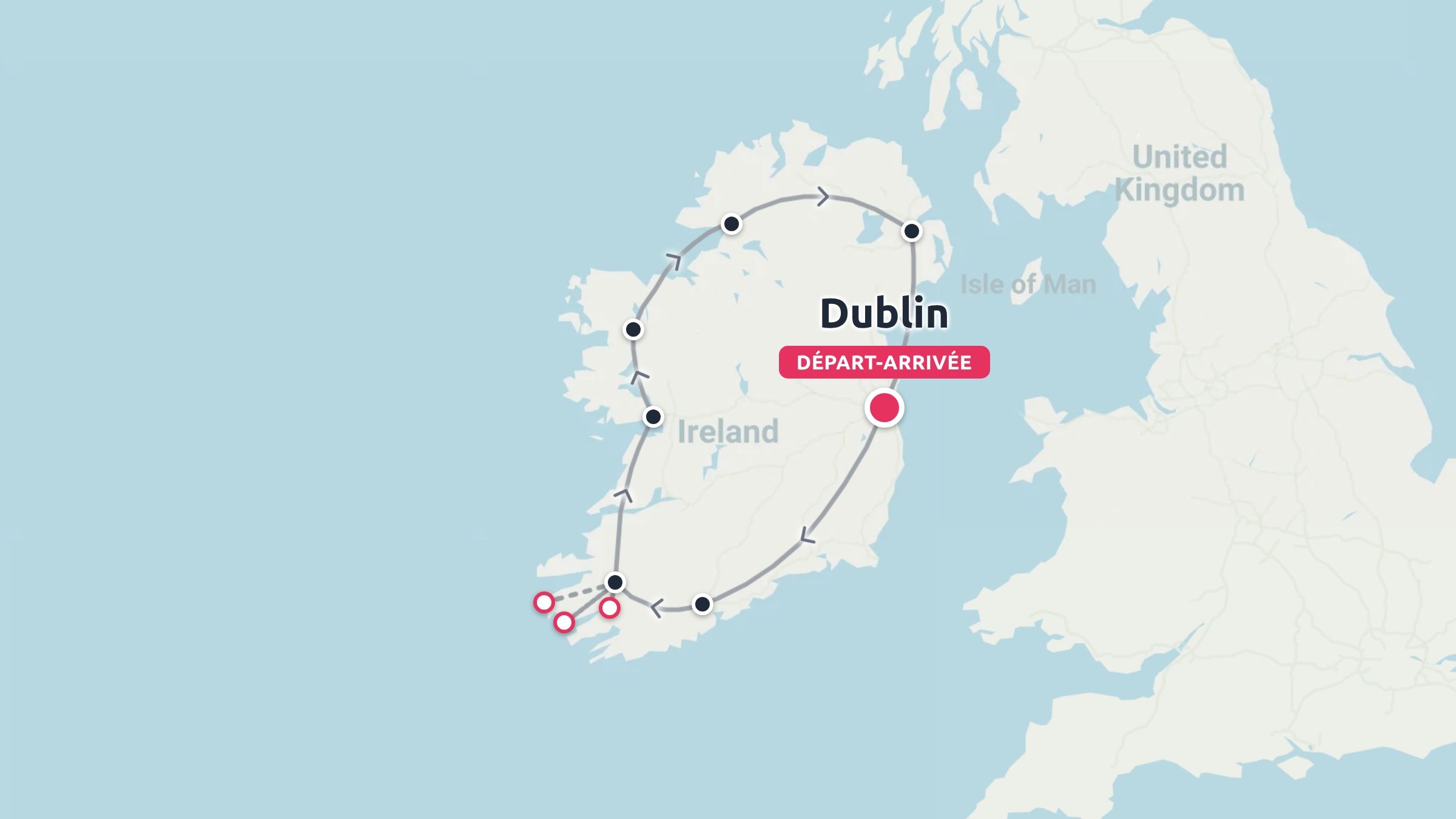 Une carte touristique de l'Irlande montrant un itinéraire circulaire commençant et se terminant à Dublin.
