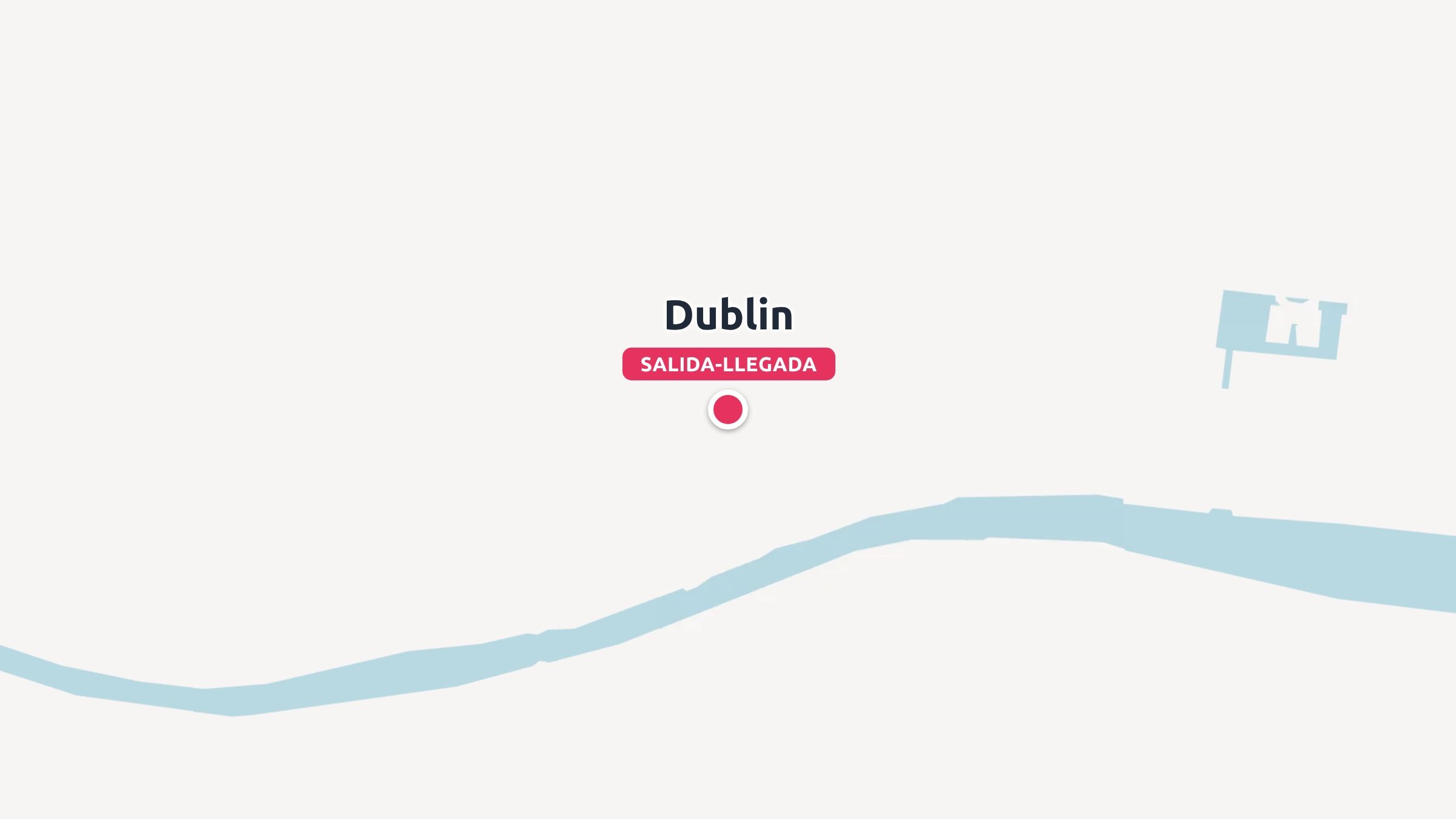Un mapa gráfico que muestra Dublín marcado con un pin rojo como punto de salida y llegada cerca de un río