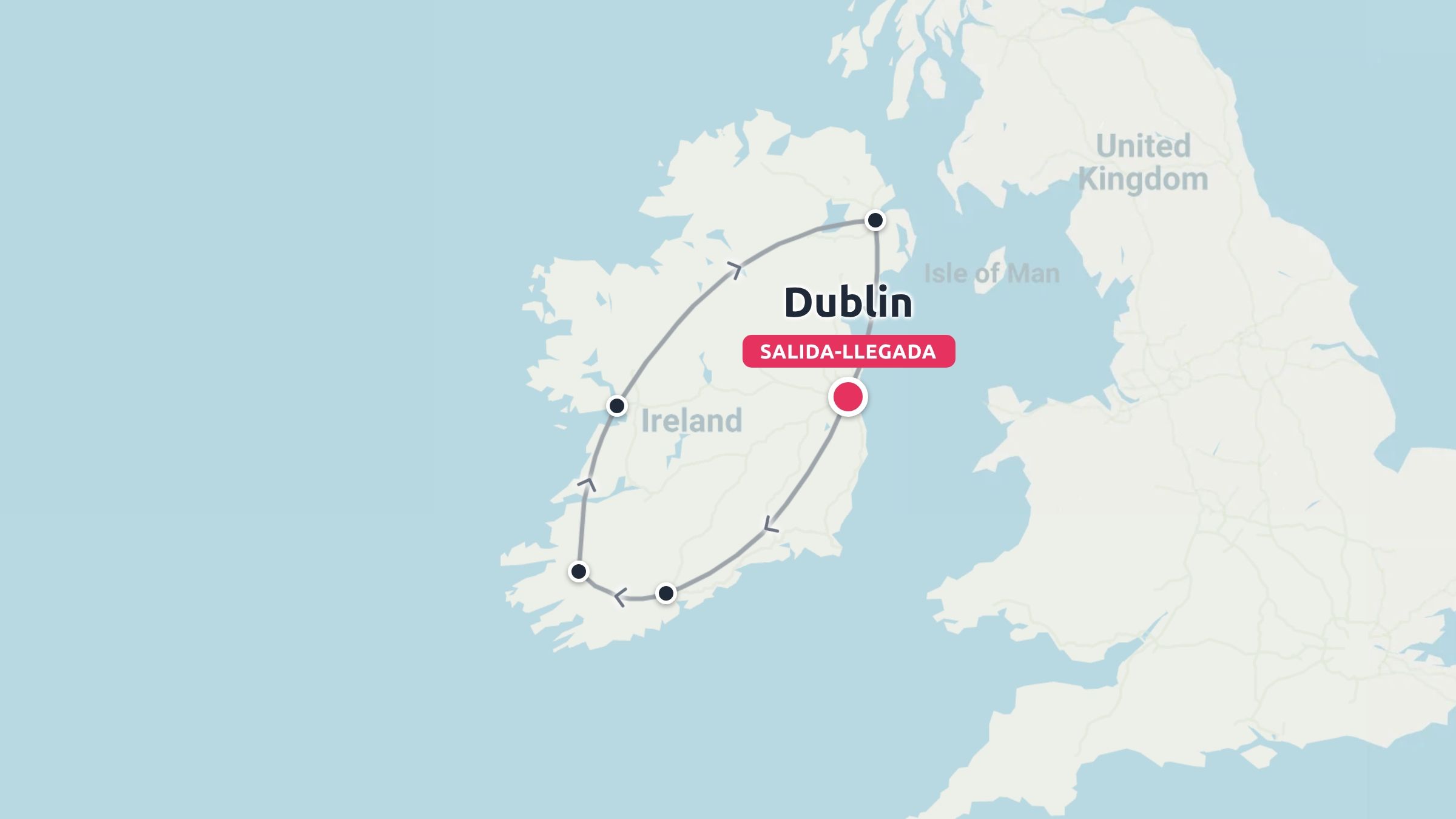Un mapa de ruta de viaje por Irlanda que muestra un itinerario circular que comienza y termina en Dublín.
