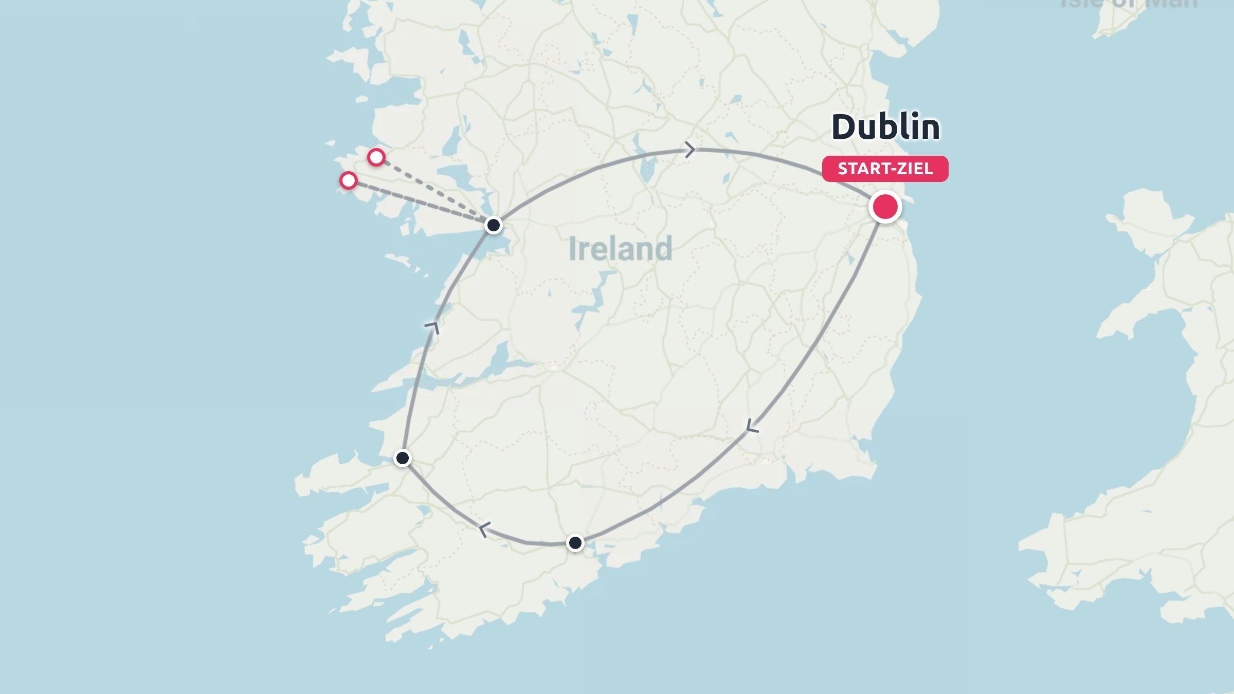 Eine Karte von Irland mit einer Rundreise-Reiseroute, die in Dublin beginnt und endet.