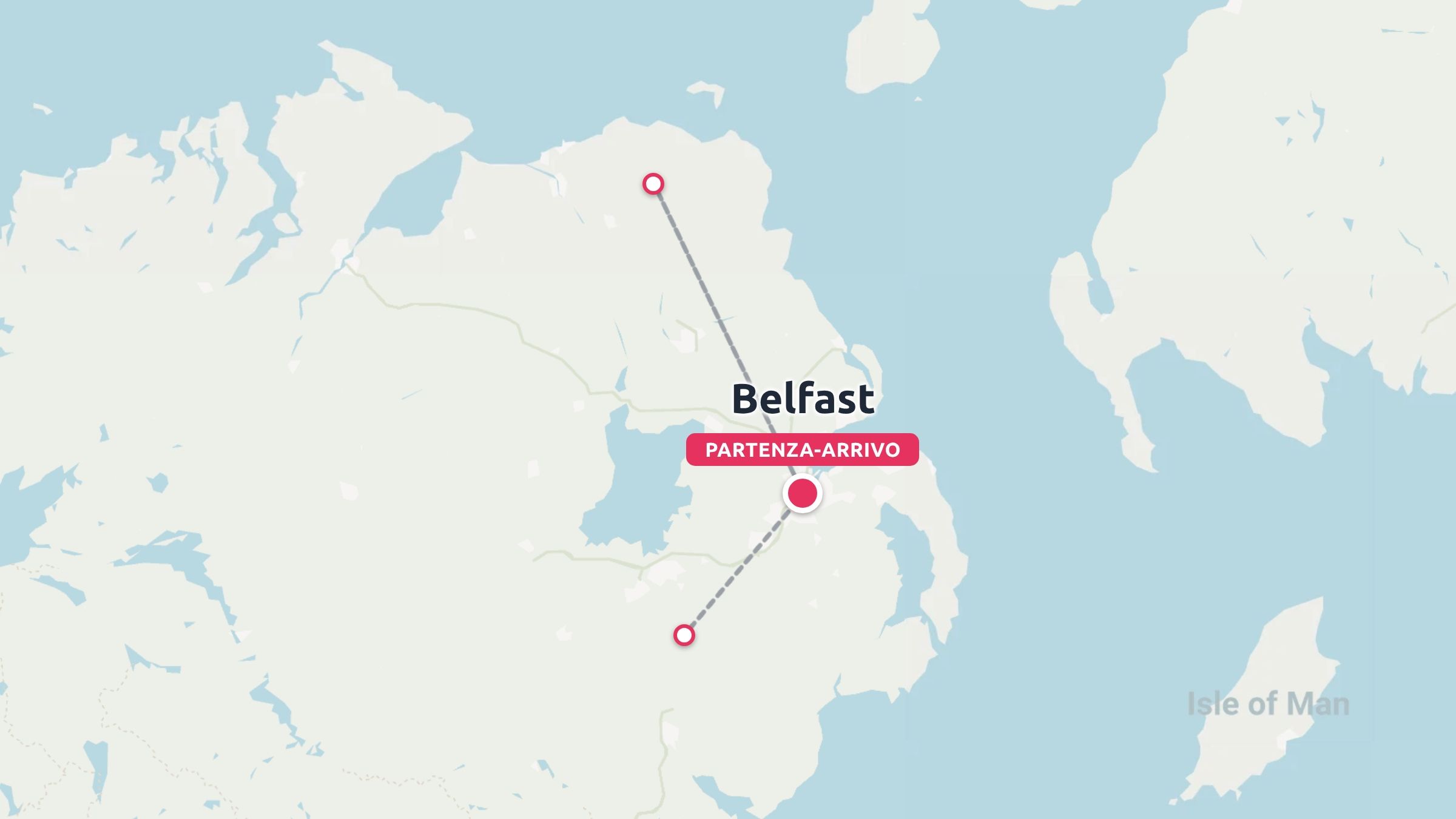 Un itinerario di viaggio incentrato su Belfast con linee punteggiate che collegano i punti settentrionali e meridionali.