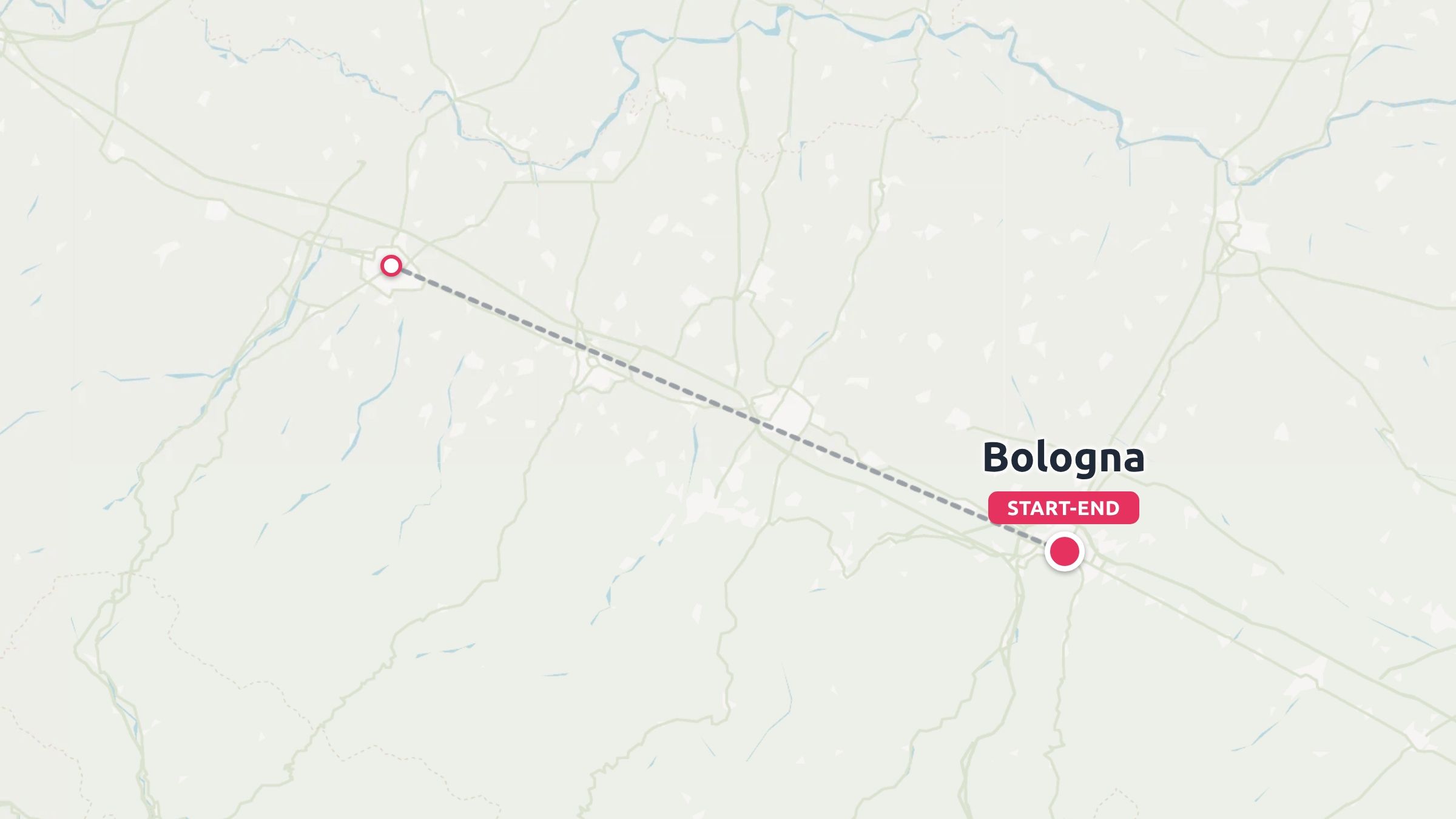 A travel route map displaying a route line starting and ending in Bologna.