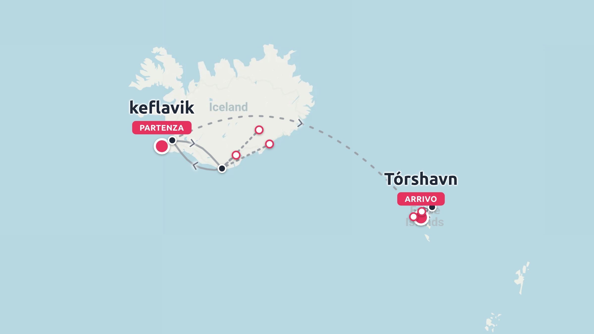 Una mappa dell'itinerario di viaggio che mostra un percorso con partenza da Keflavik in Islanda e arrivo a Tórshavn.