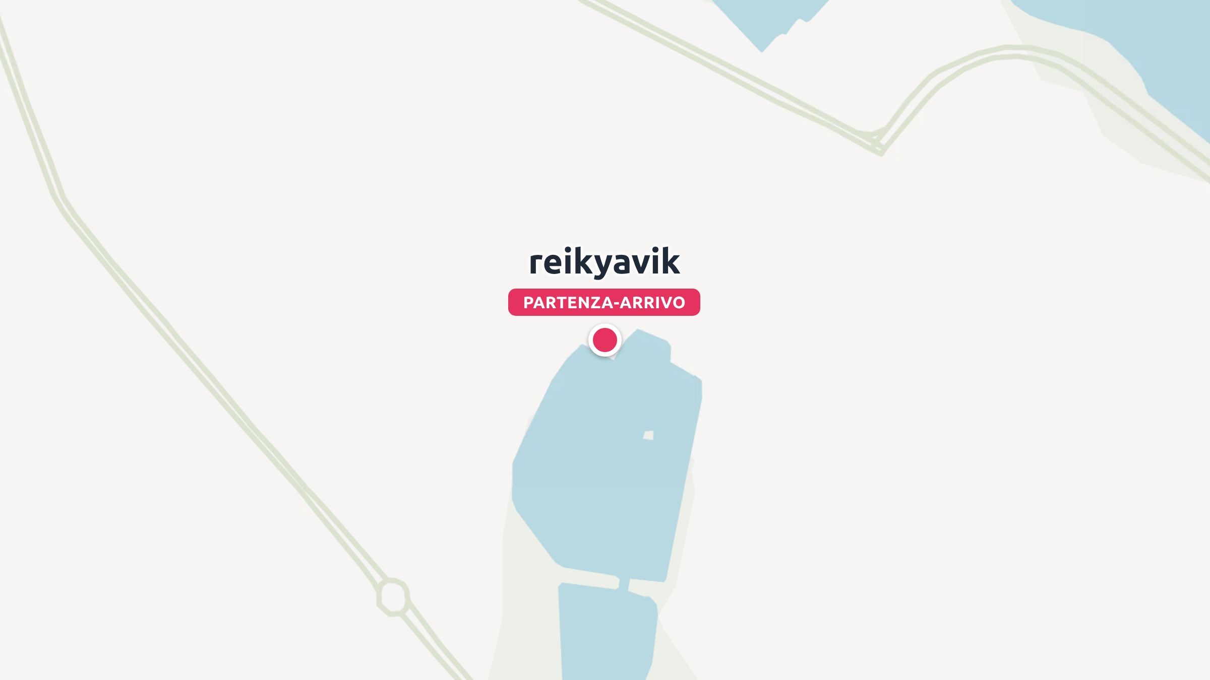 Una mappa di itinerario di viaggio che segna Reykjavik con una spilla rossa che indica i punti di partenza e di arrivo