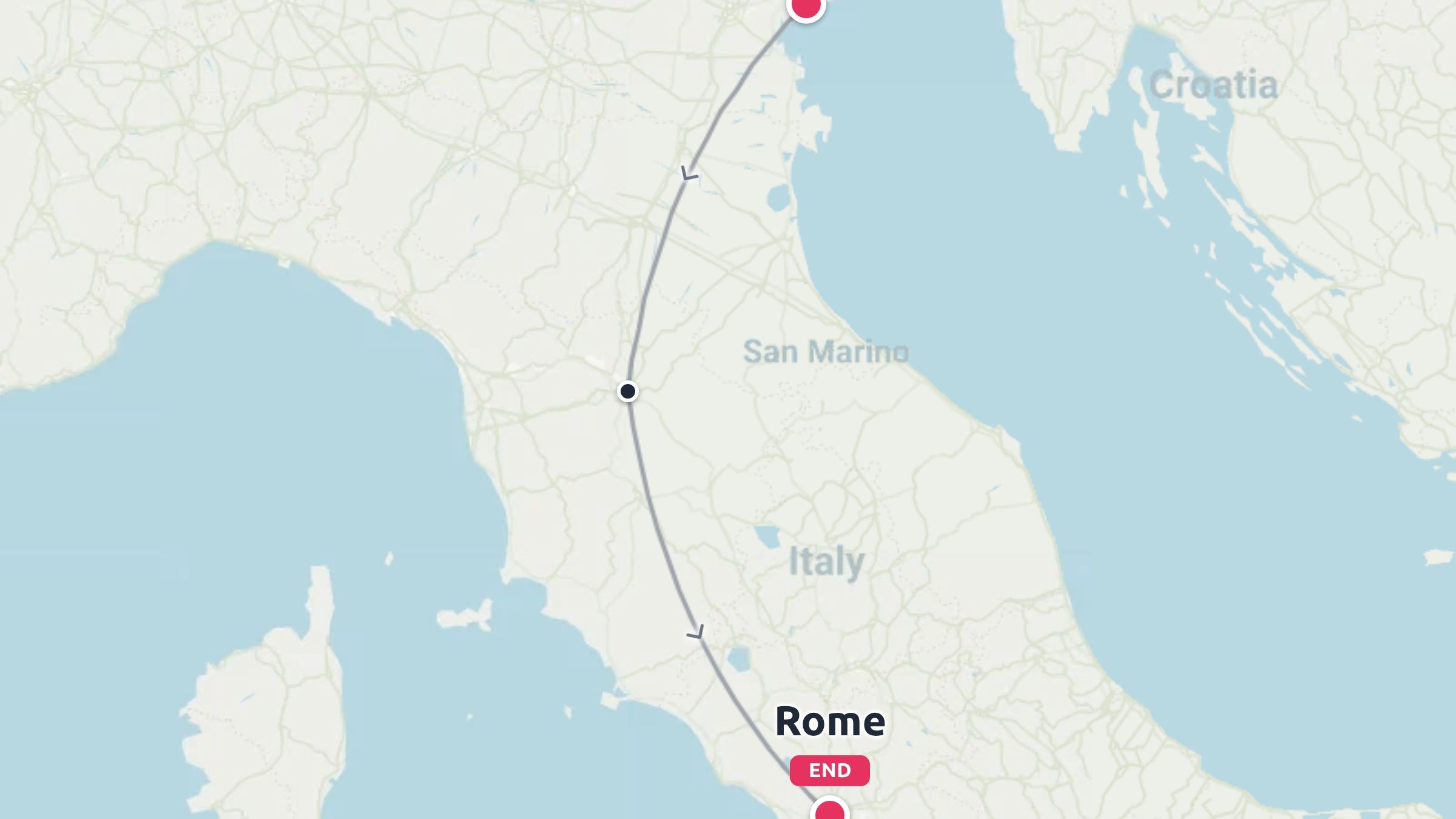 A map of Italy showing a travel route with path markers ending in Rome.