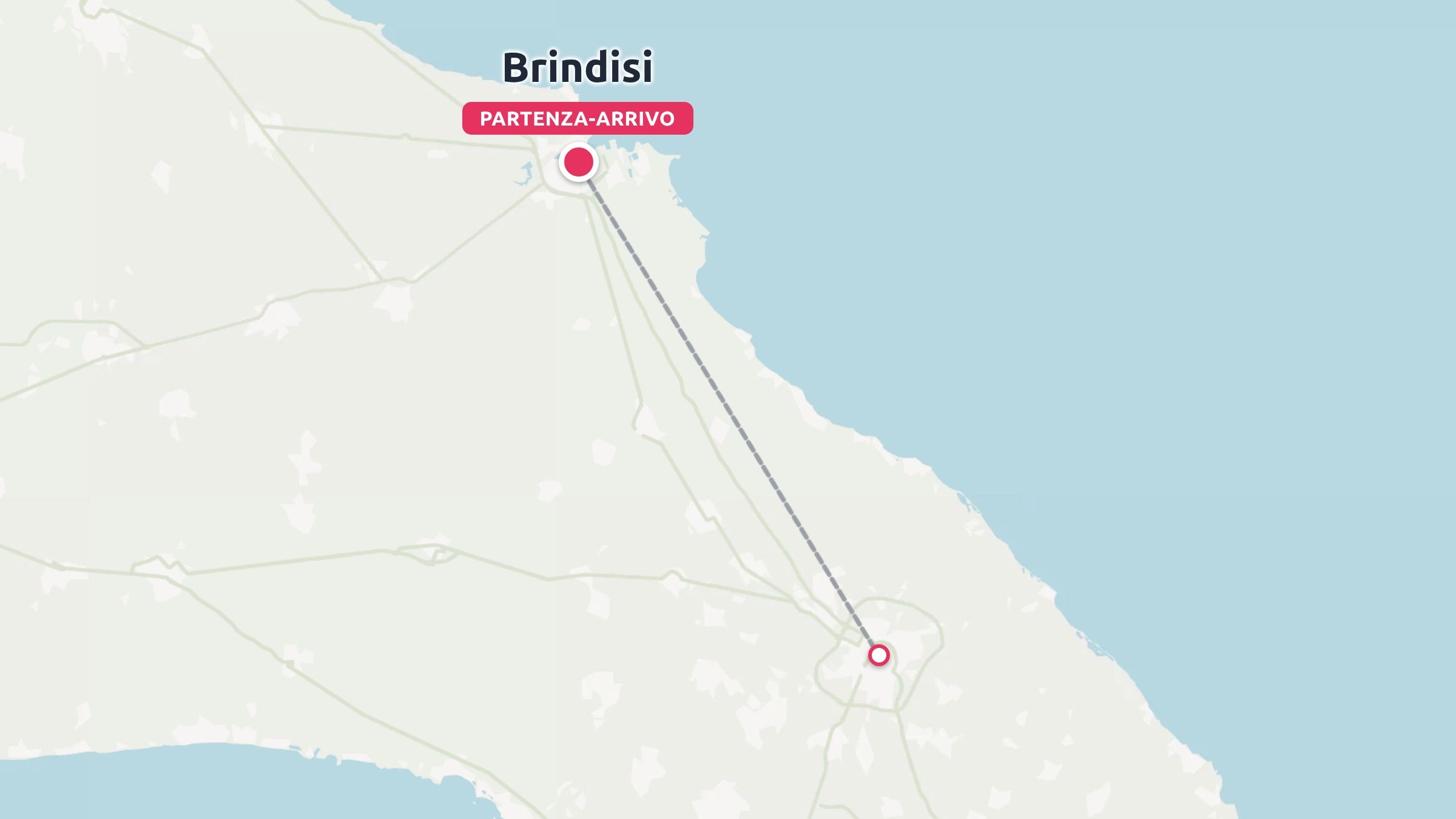 Una mappa di viaggio che mostra un itinerario con partenza e arrivo a Brindisi lungo la regione costiera.
