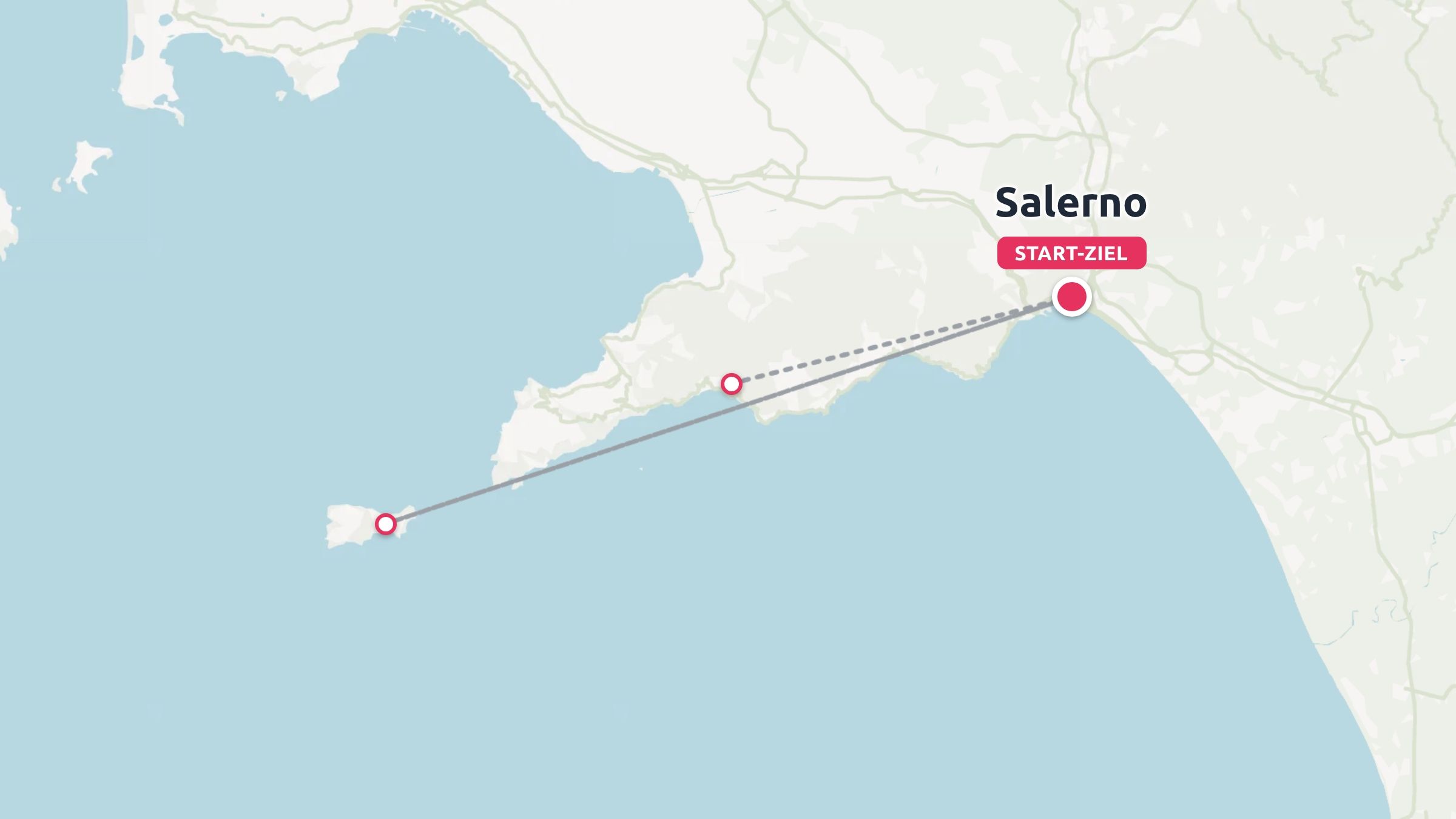 Eine Reiseroute, die eine Küstenreise zeigt, die in Salerno beginnt und über das Meer führt und dort auch endet.