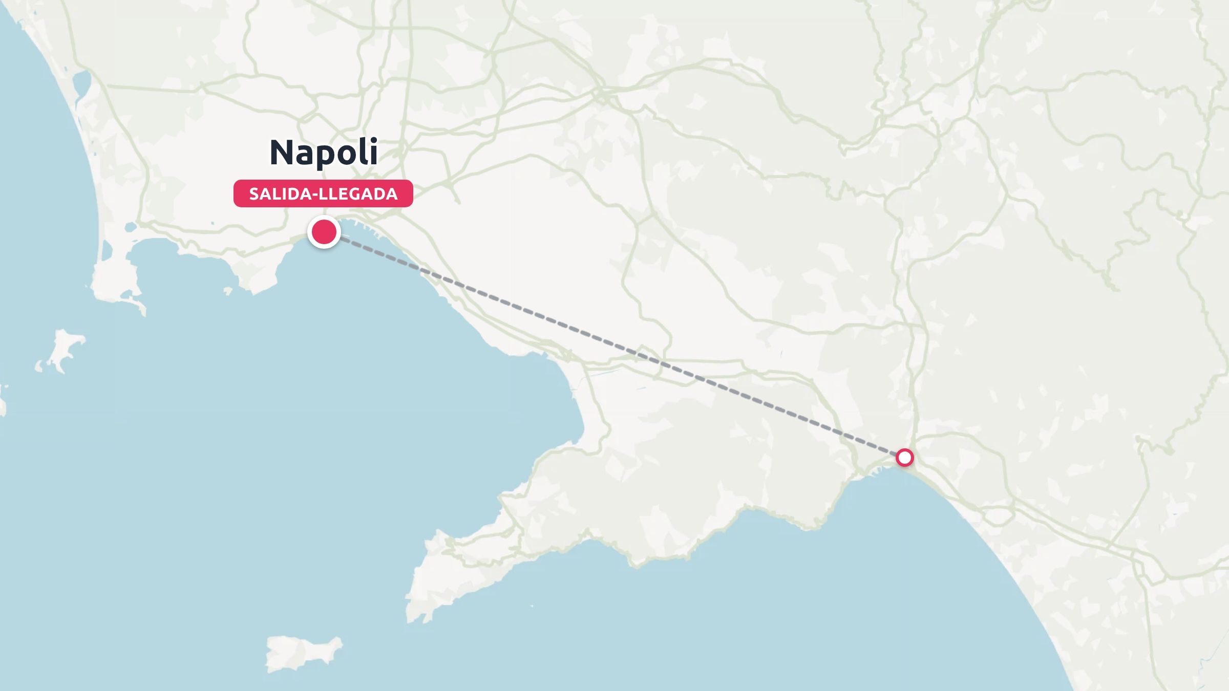 Un mapa de ruta de viaje que muestra una línea discontinua de conexión a lo largo de la costa que comienza y termina en Nápoles.