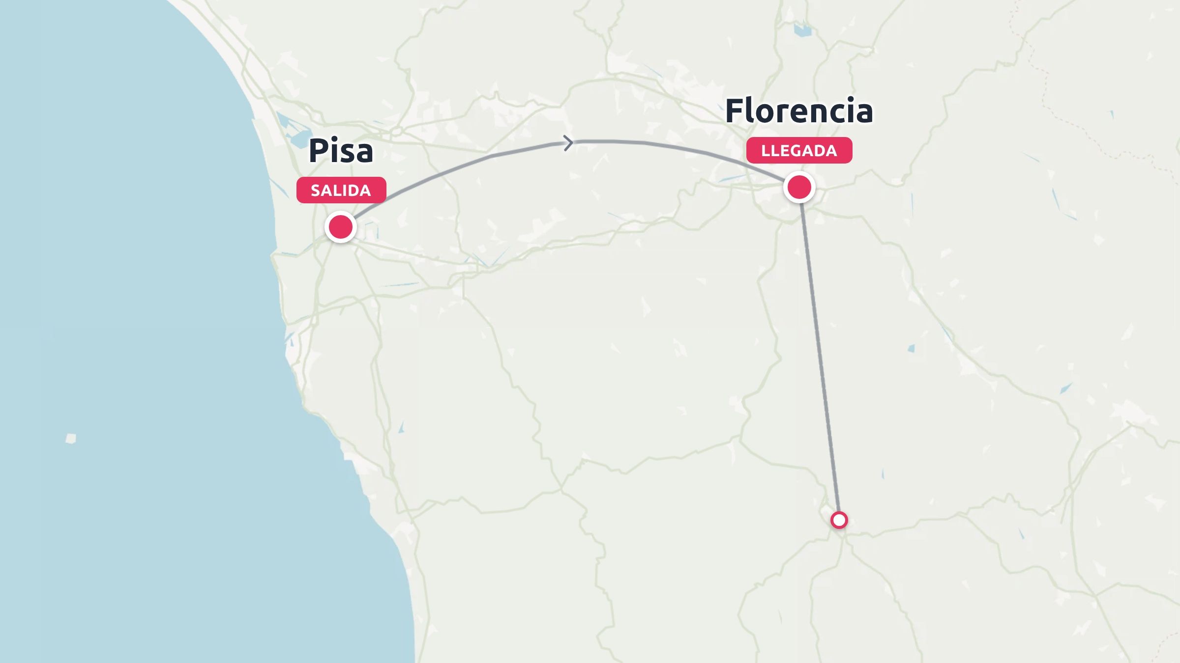 Un mapa de viajes que muestra una ruta que comienza en Pisa y llega a Florencia.