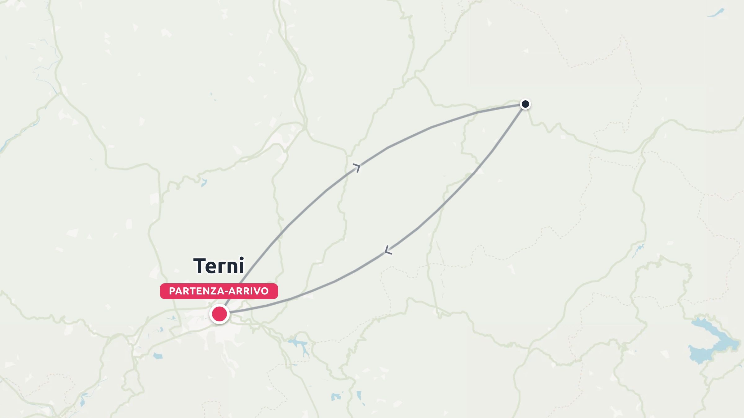 Una mappa di un itinerario di viaggio che mostra un circuito di andata e ritorno con partenza e arrivo a Terni, in Italia.