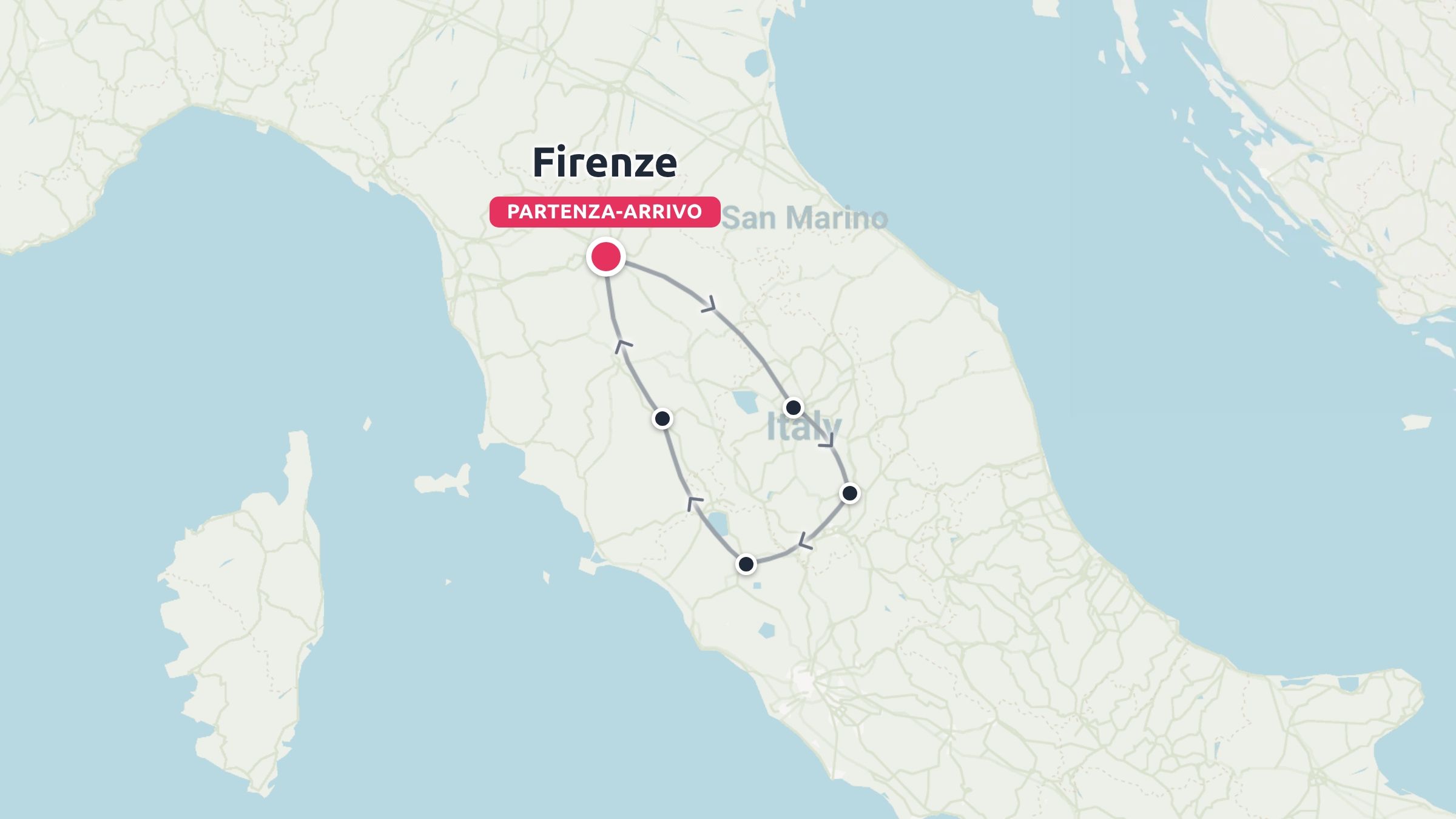 Una mappa di viaggio dell'Italia centrale che mostra un itinerario ad anello con partenza e arrivo a Firenze