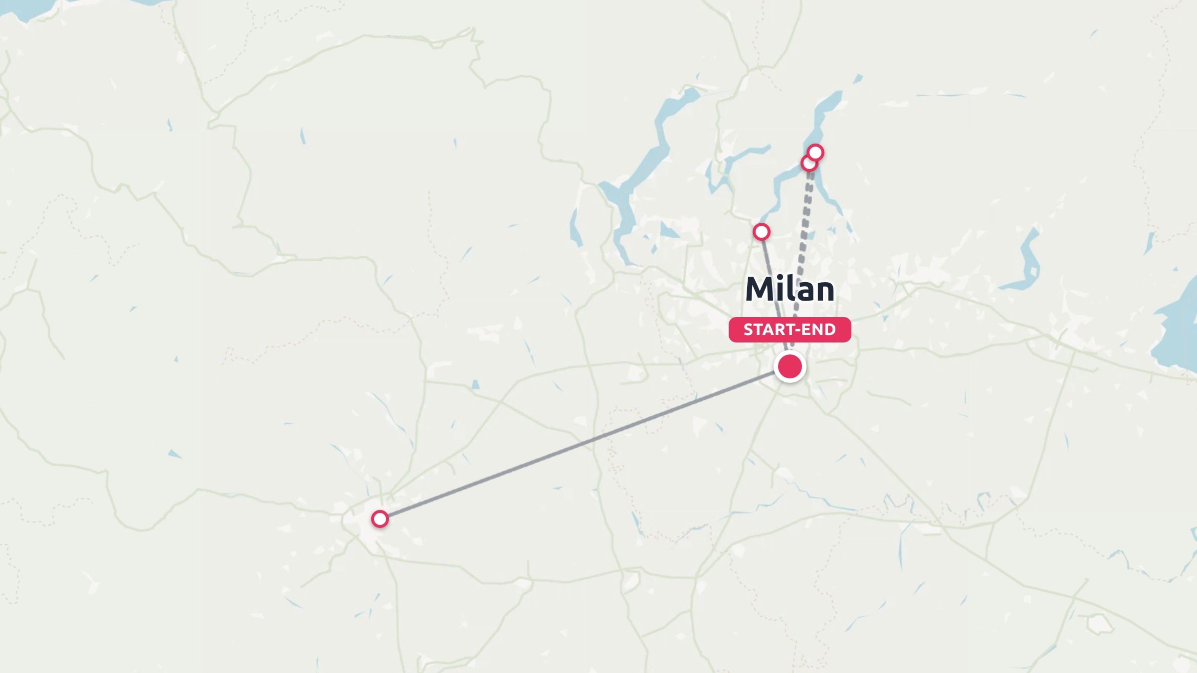A travel route map showing Milan labeled as the start-end point with connecting lines to nearby northern and western destinations.