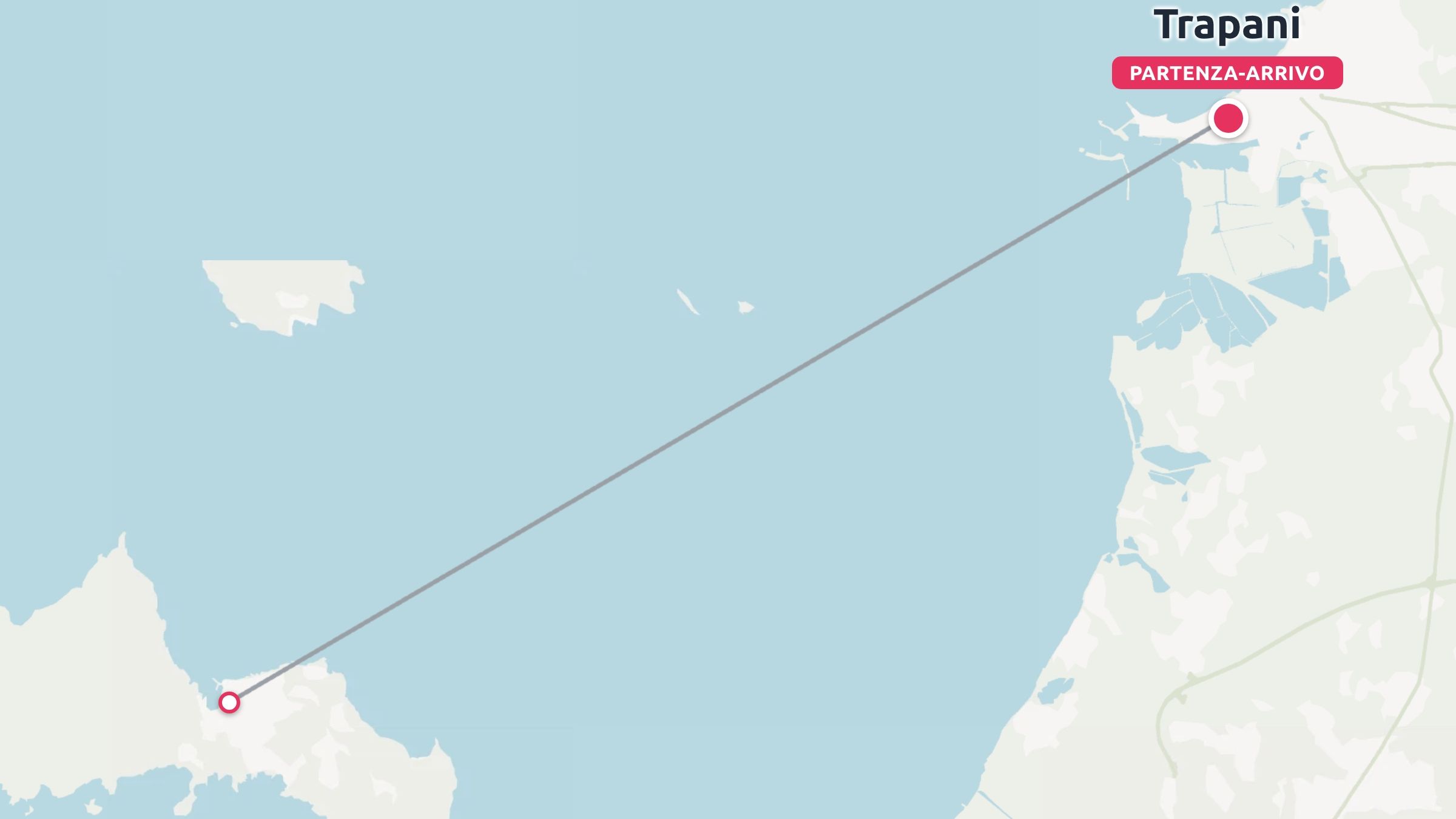 Una mappa di viaggio che mostra una linea di rotta diretta attraverso il mare che collega a Trapani contrassegnata come partenza e arrivo.