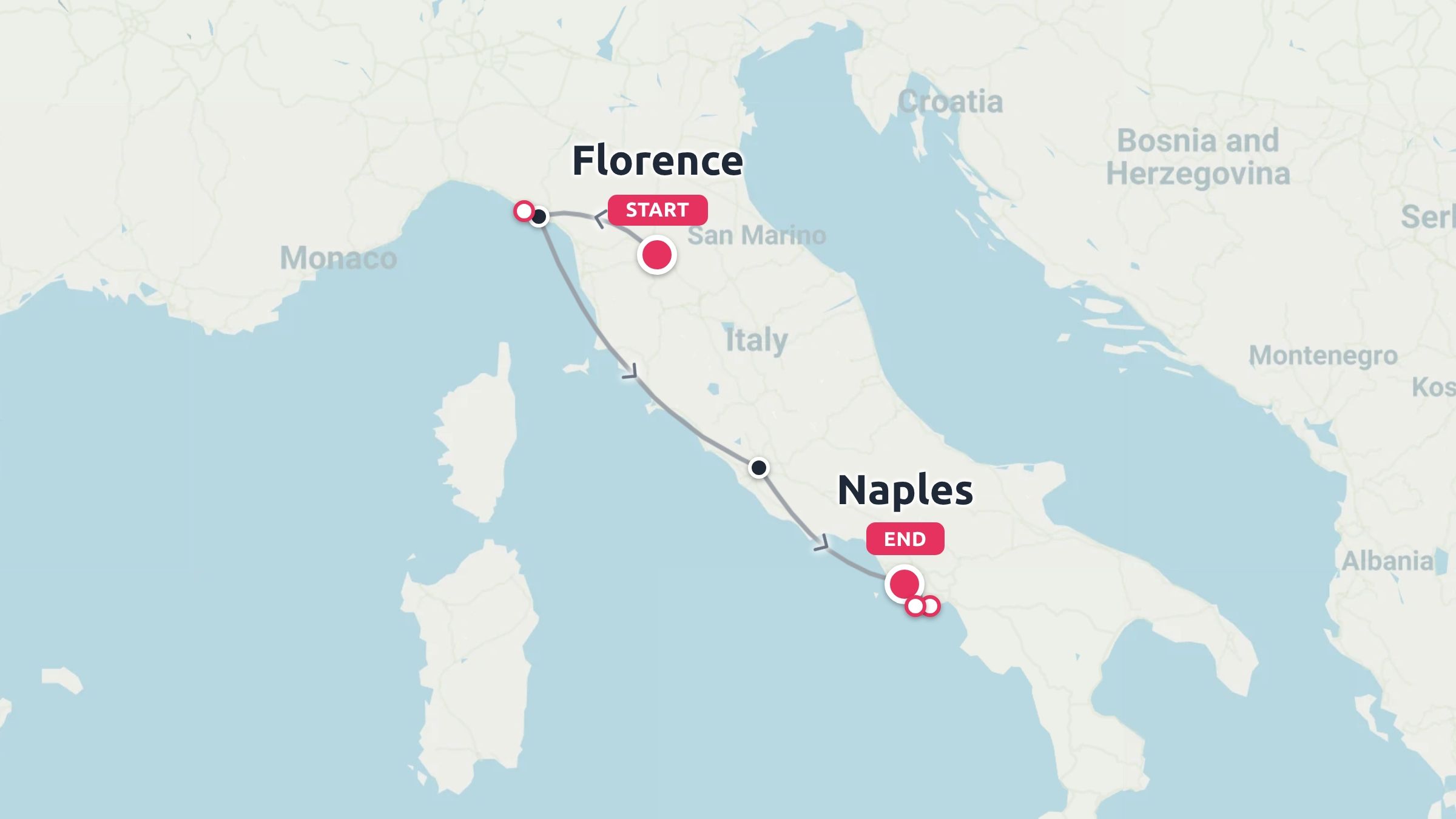 Travel route map of Italy displaying a journey starting in Florence and ending in Naples along the western coast.