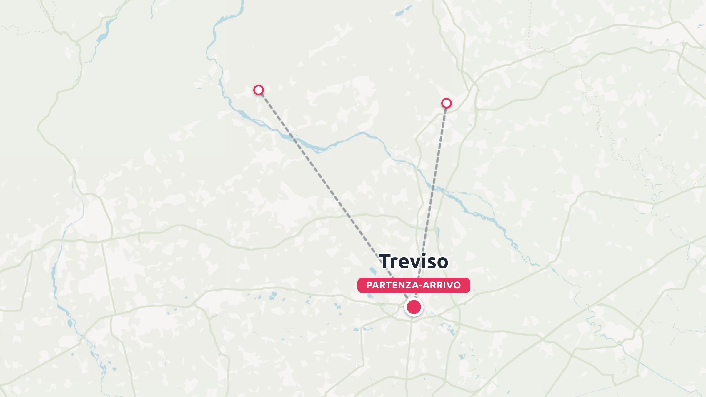 Una mappa di viaggio con partenza e arrivo a Treviso e collegamenti verso le destinazioni settentrionali