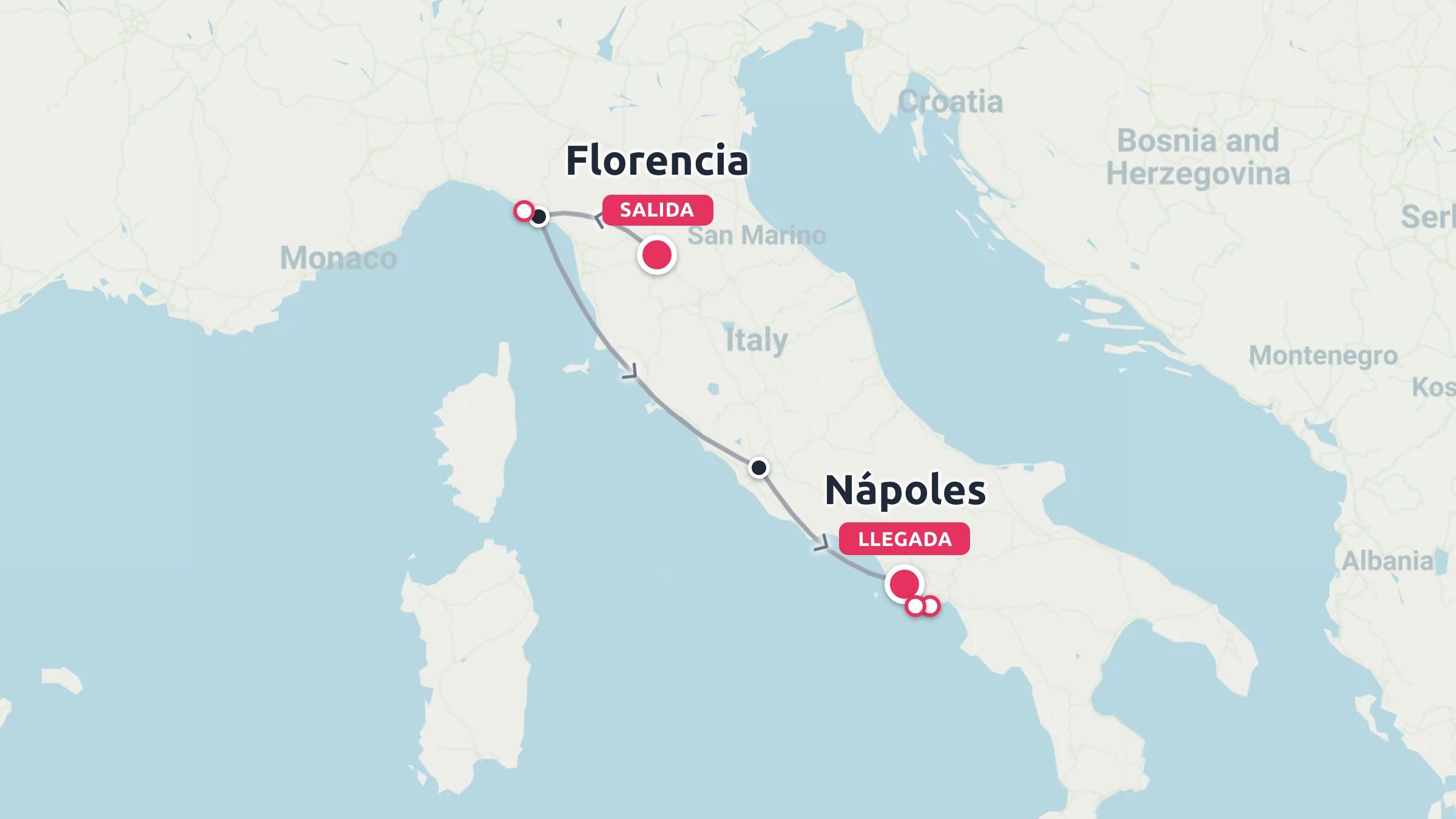 Mapa de Italia que muestra una ruta de viaje que comienza en Florencia y termina en Nápoles a lo largo de la costa occidental.