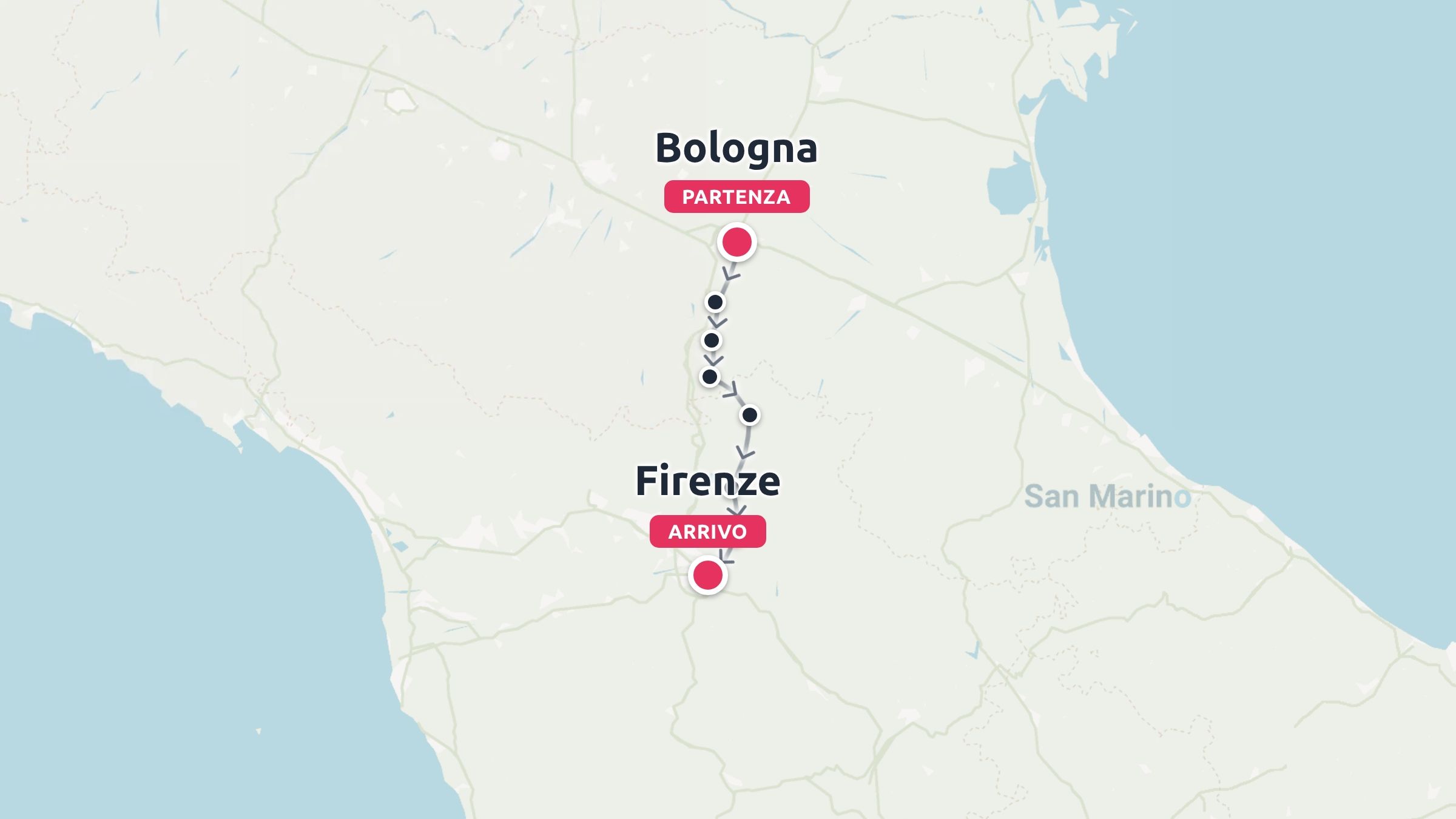 Una mappa di un itinerario di viaggio che mostra un percorso che inizia a Bologna e termina a Firenze con diverse tappe intermedie.