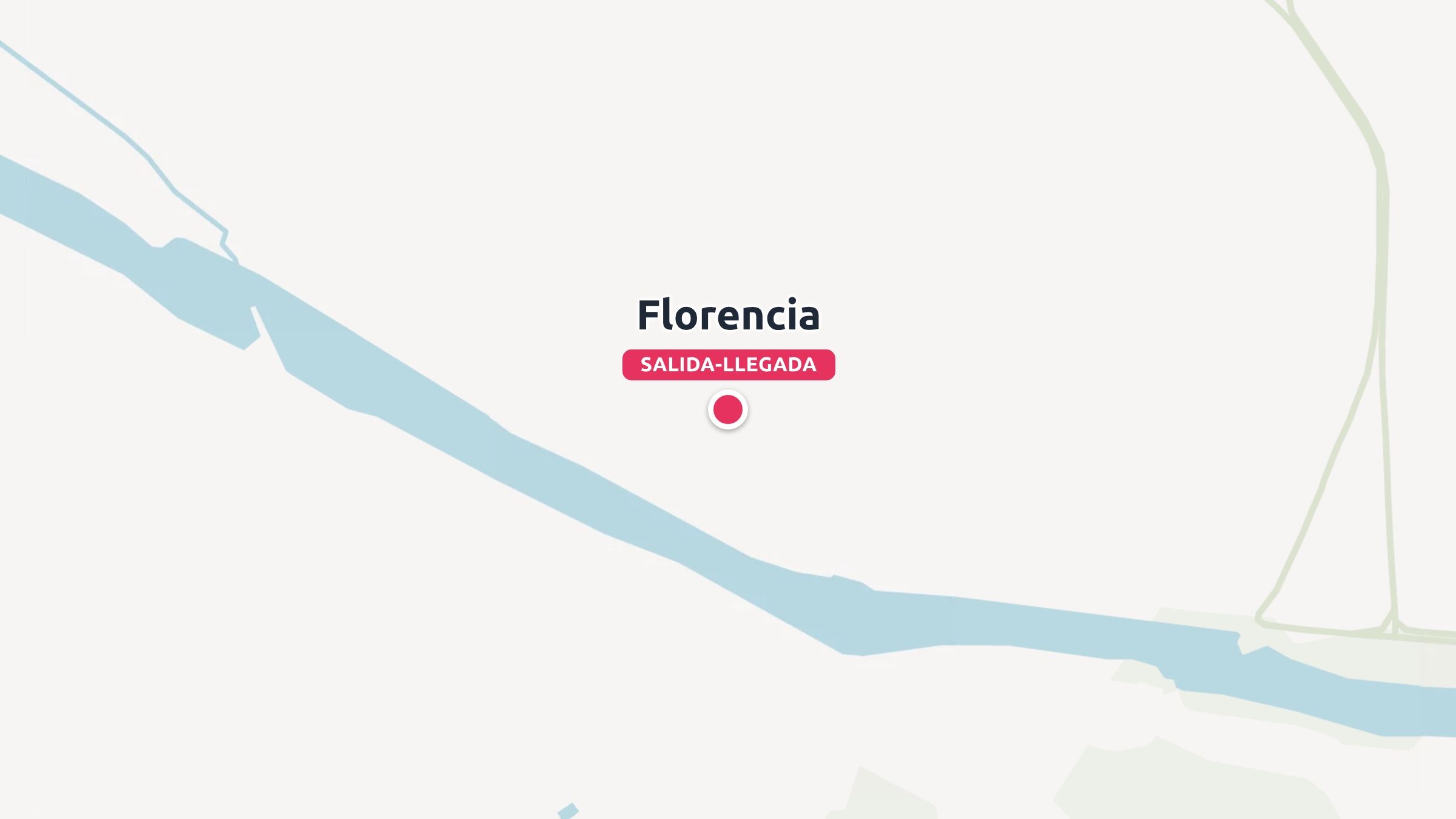 Un mapa de ruta de viaje que marca Florencia como punto de salida y llegada junto a un río.