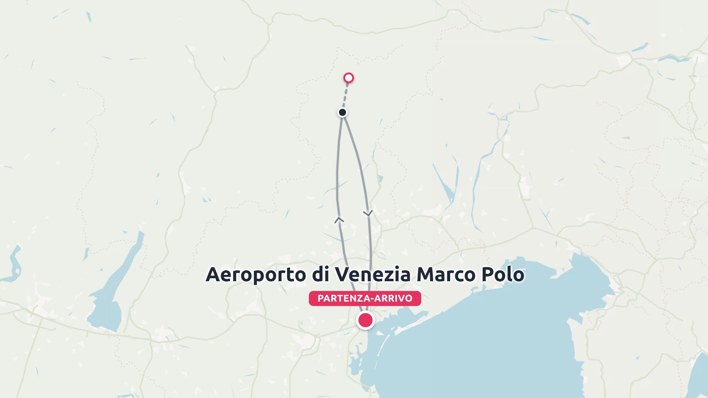 Una mappa di itinerario di viaggio che mostra un percorso di andata e ritorno con partenza e arrivo all'Aeroporto di Venezia Marco Polo.