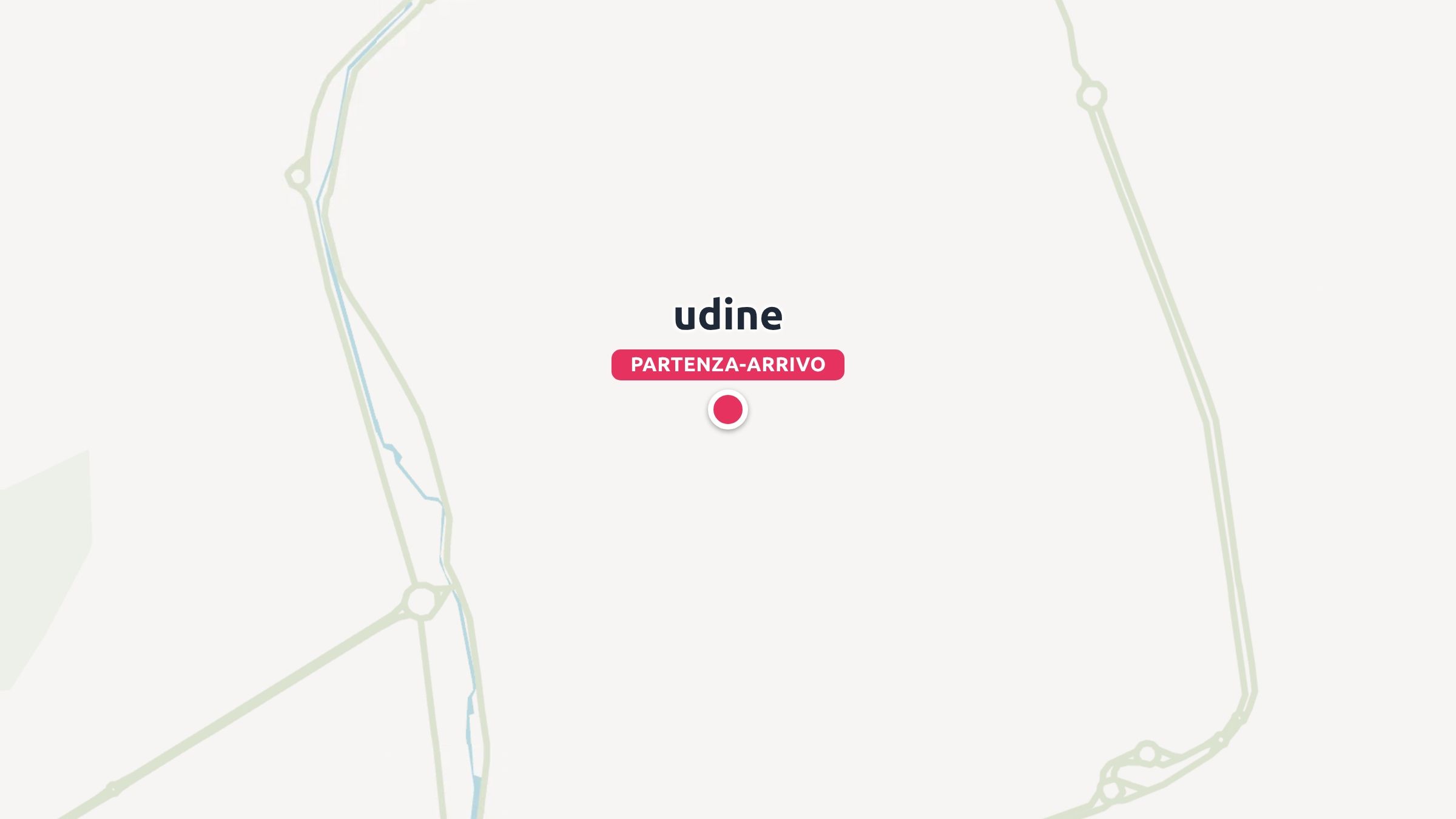 Una mappa di itinerario di viaggio che mostra Udine contrassegnata come punto di partenza e di arrivo con un puntina rossa