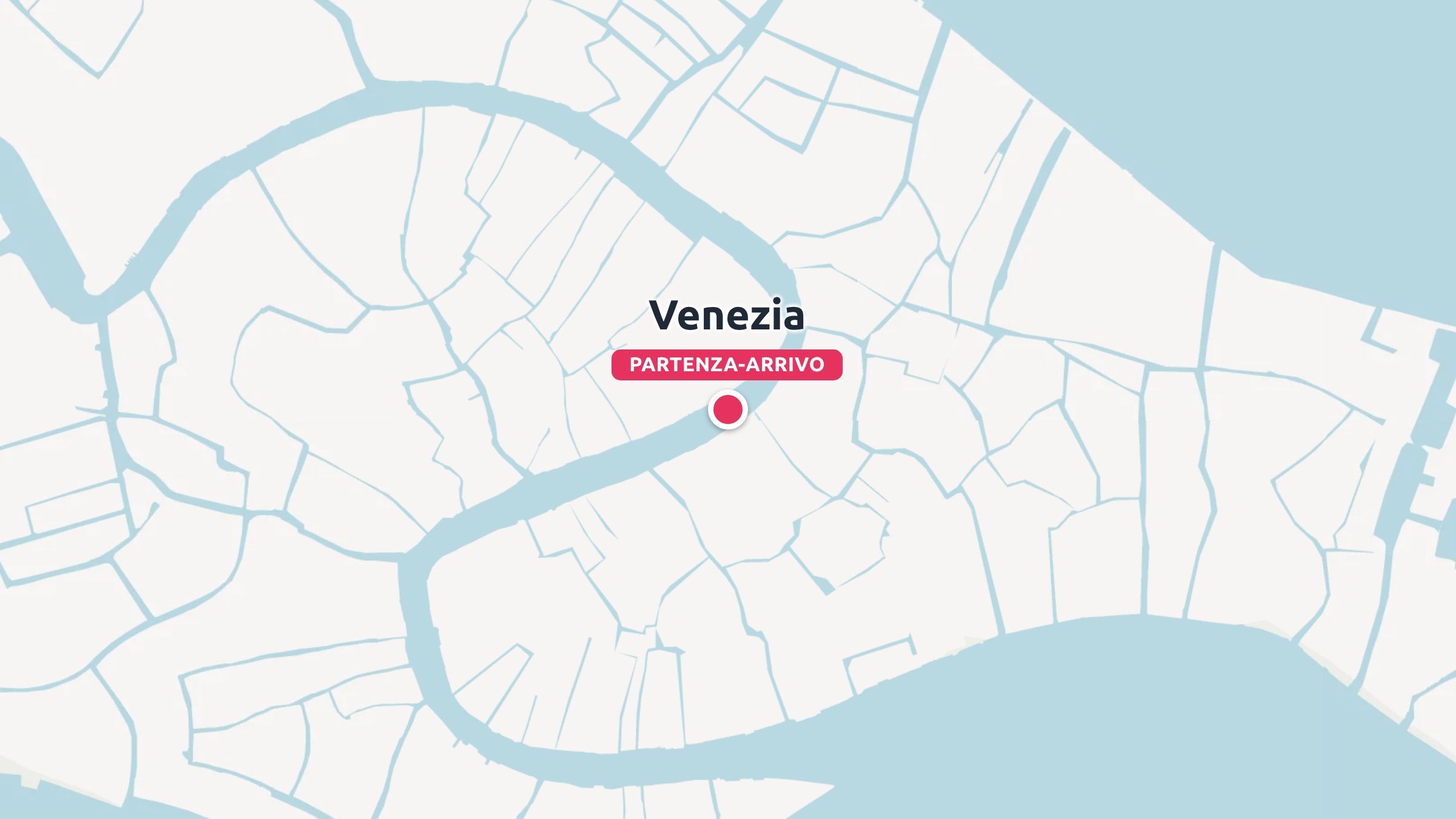 Una mappa di Venezia che mostra canali, strade e un indicatore rosa con etichetta PARTENZA-ARRIVO lungo il Canal Grande.
