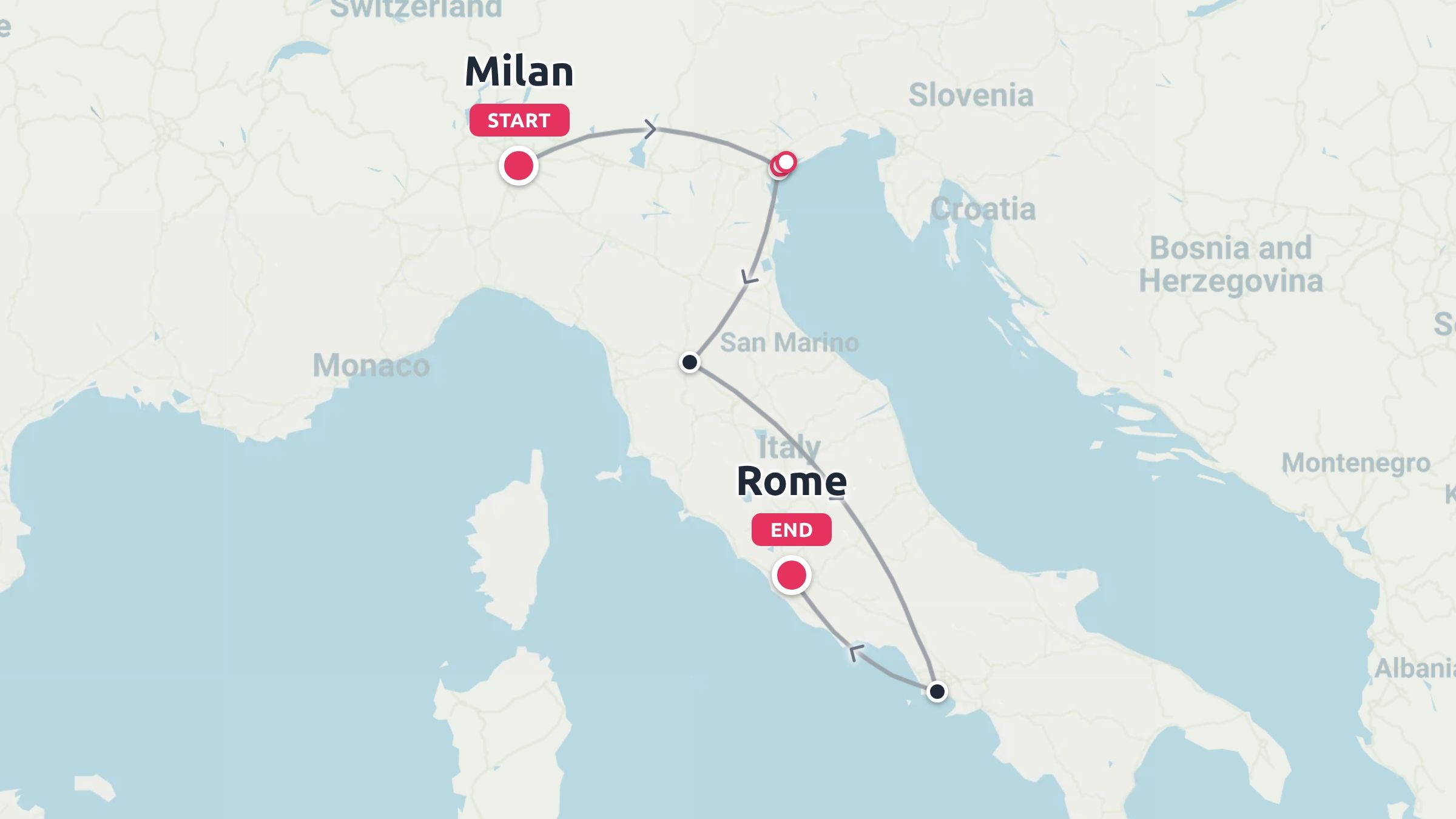 A travel map of Italy showing a route starting in Milan and ending in Rome.