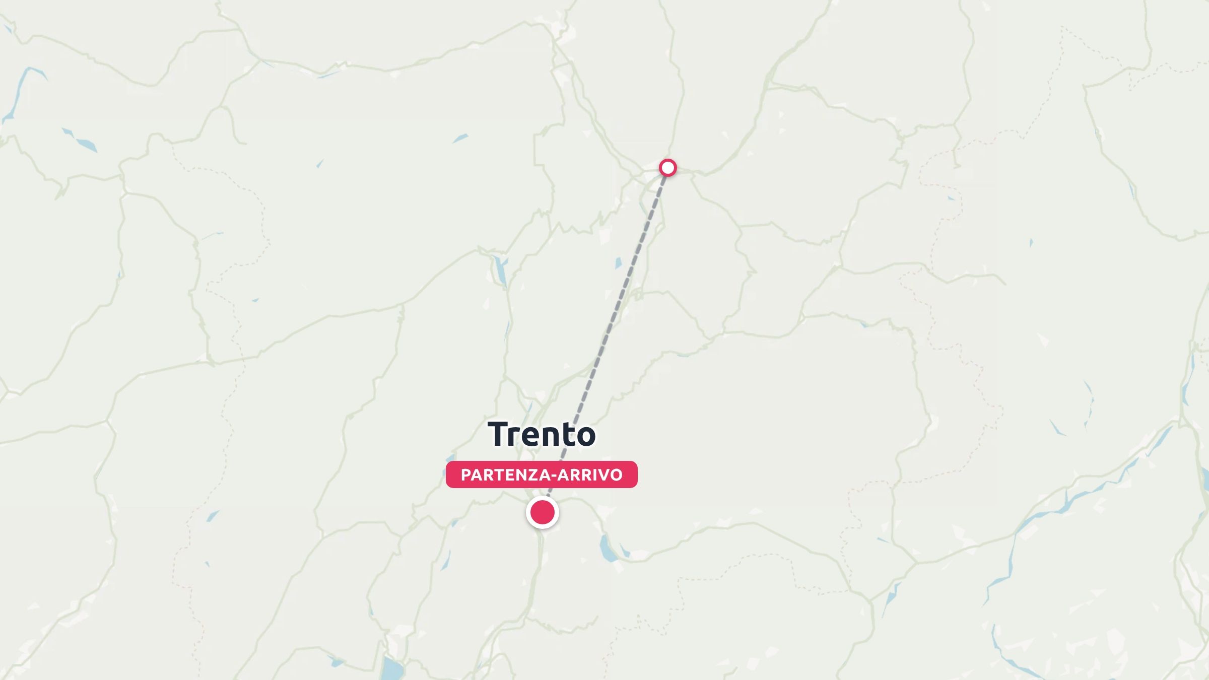 Una mappa di un itinerario di viaggio che mostra un percorso tratteggiato con partenza e arrivo a Trento