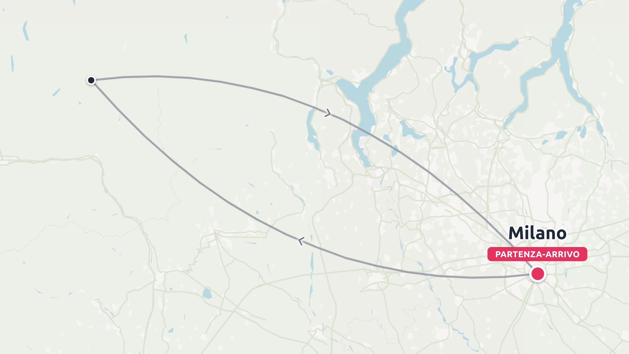 Una mappa dell'itinerario di viaggio che mostra un viaggio di andata e ritorno con partenza e arrivo a Milano e frecce direzionali.