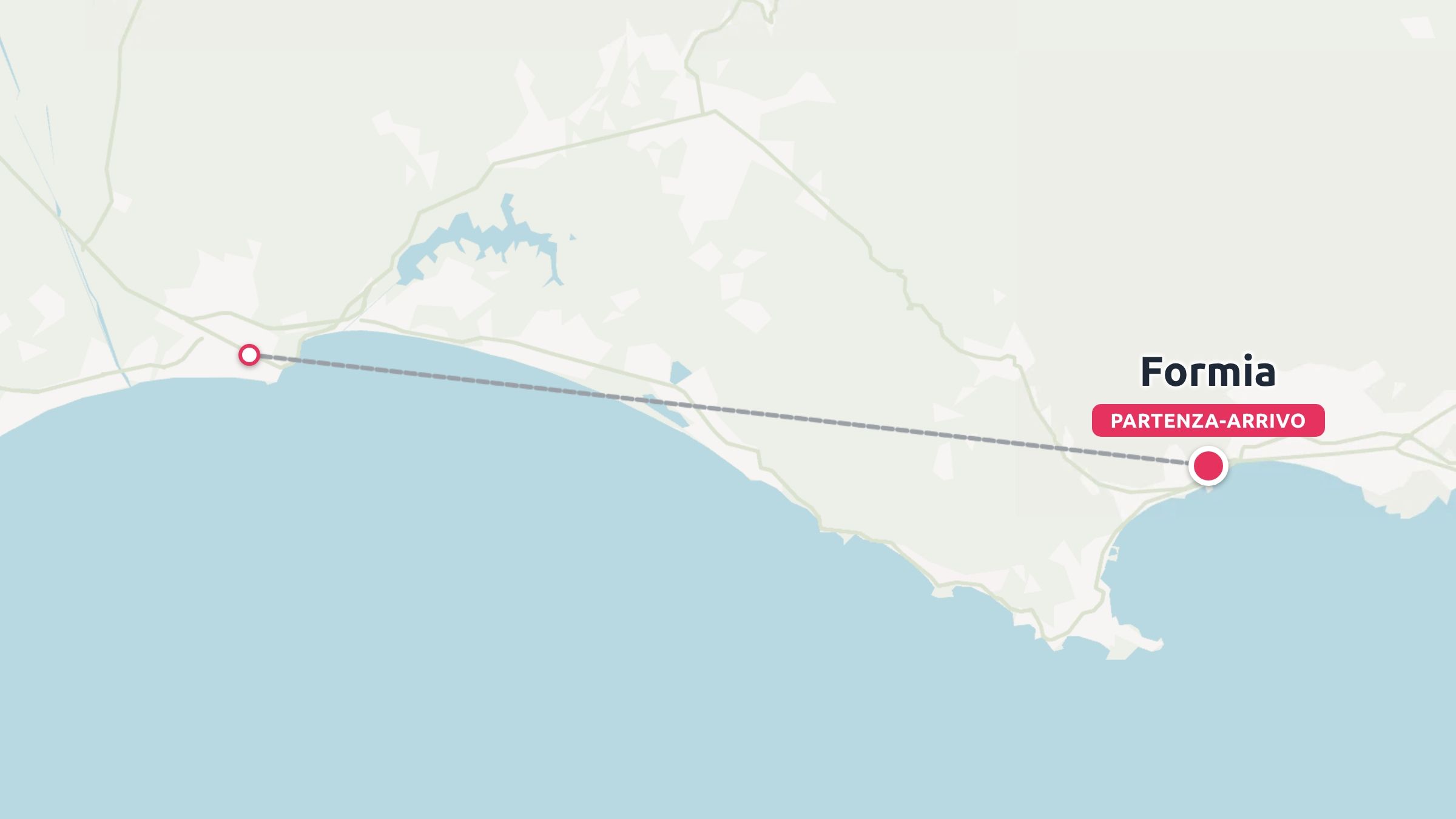 Mappa che mostra un itinerario di viaggio costiero che collega due punti, contrassegnati con partenza e arrivo a Formia.
