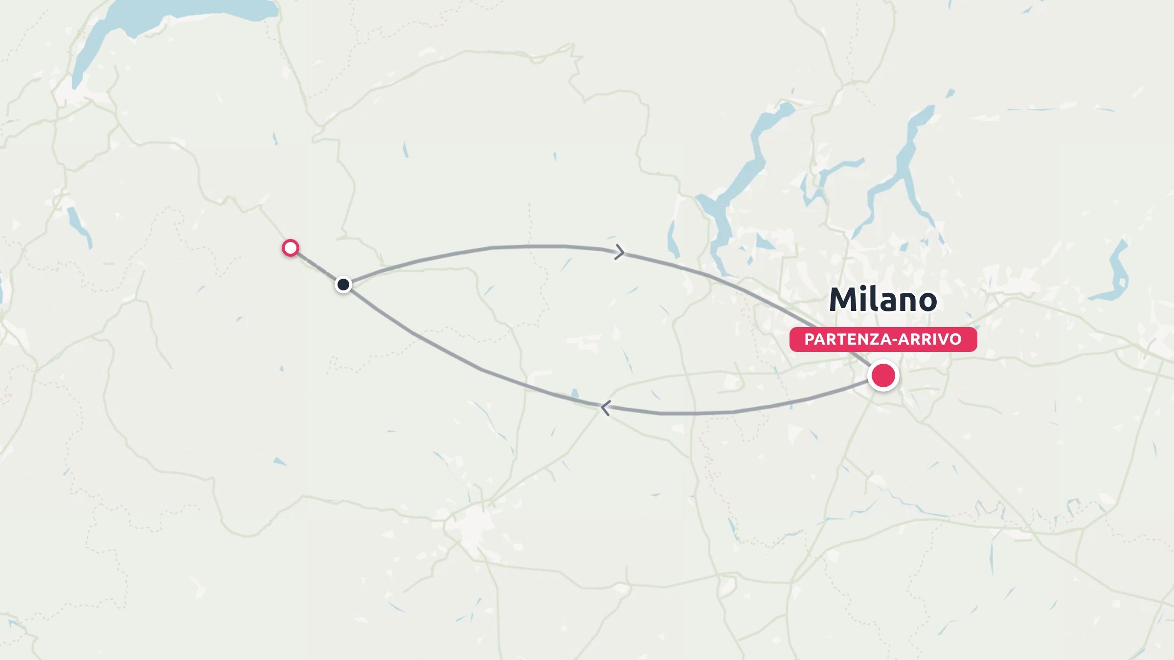 Mappa di viaggio che mostra un itinerario ad anello con partenza e arrivo a Milano e frecce direzionali.