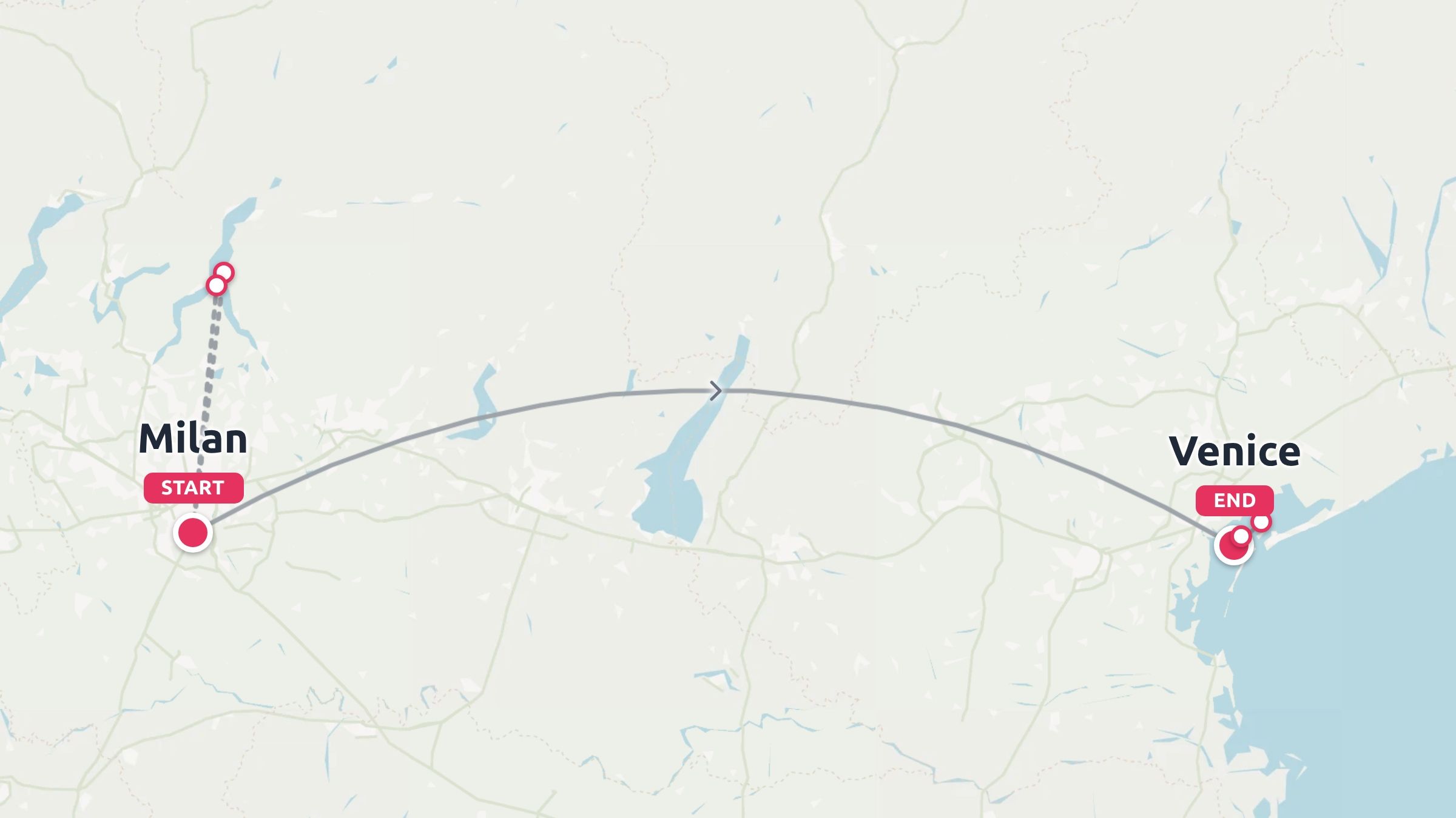 Travel route map showing an itinerary starting from Milan and ending in Venice, Italy.