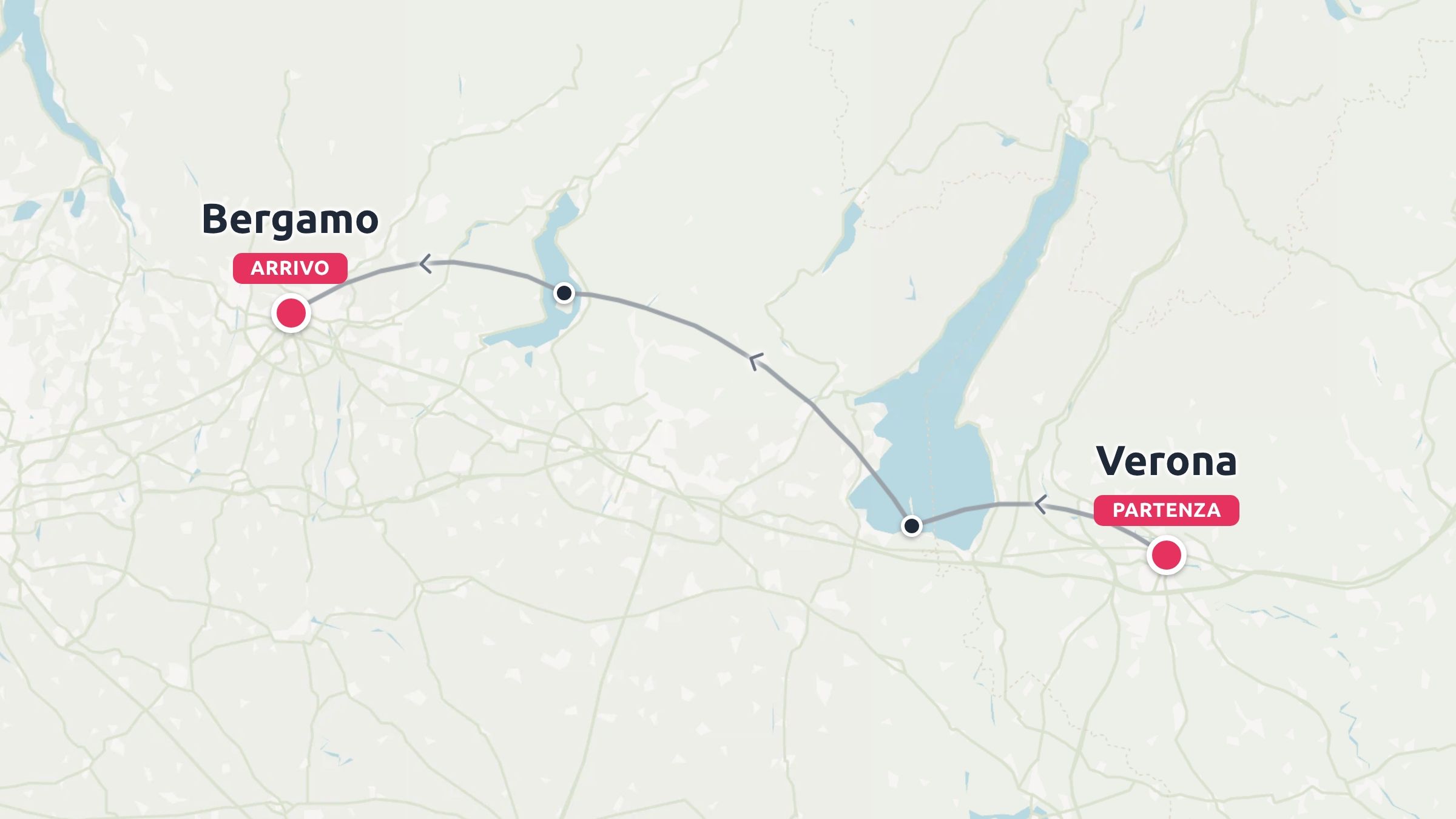 Una mappa di un itinerario di viaggio che mostra un percorso da Verona a Bergamo passando per il Lago di Garda nel nord Italia