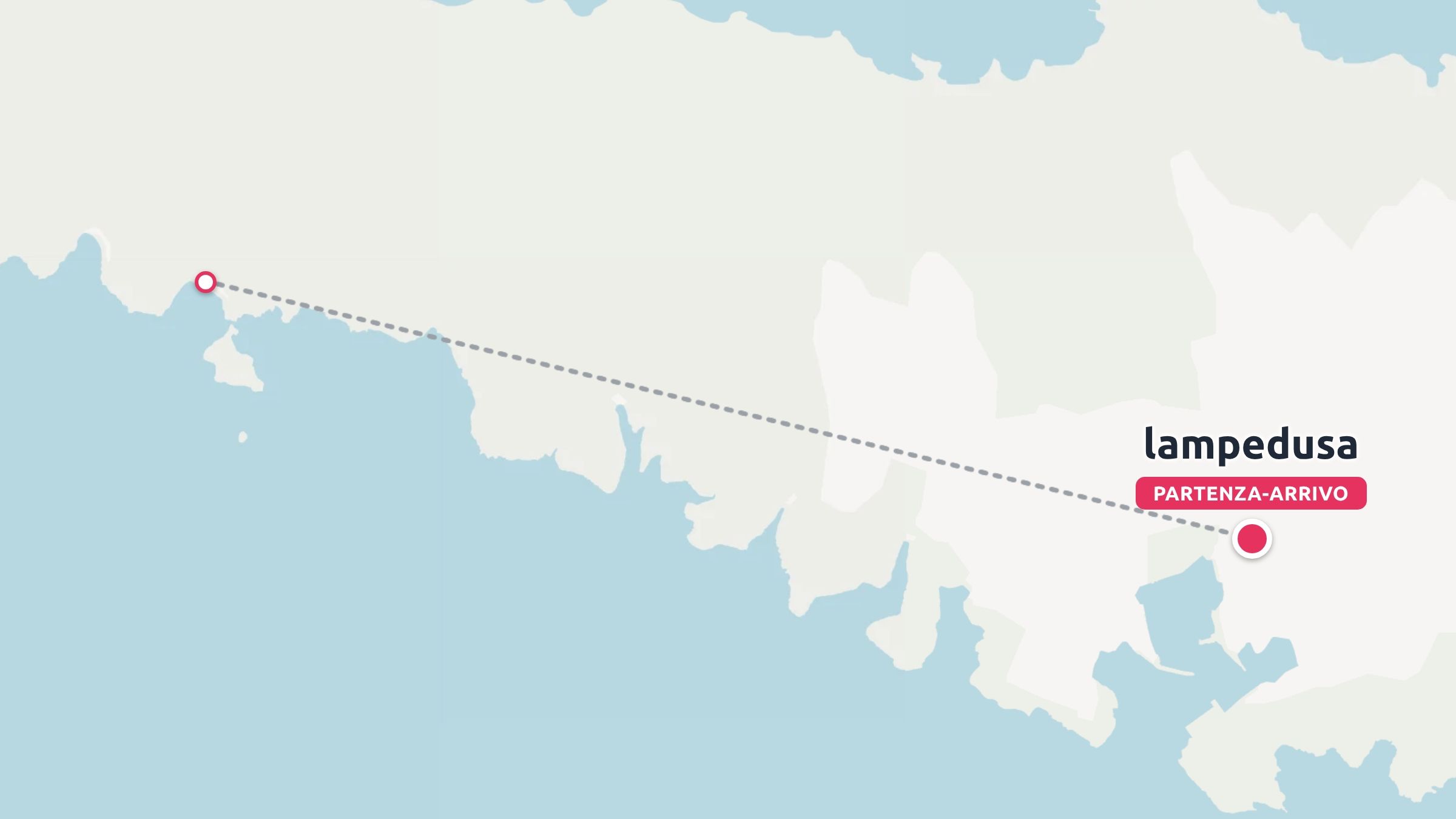Una mappa dell'itinerario di viaggio di Lampedusa che mostra i punti di partenza e di arrivo collegati da una linea tratteggiata