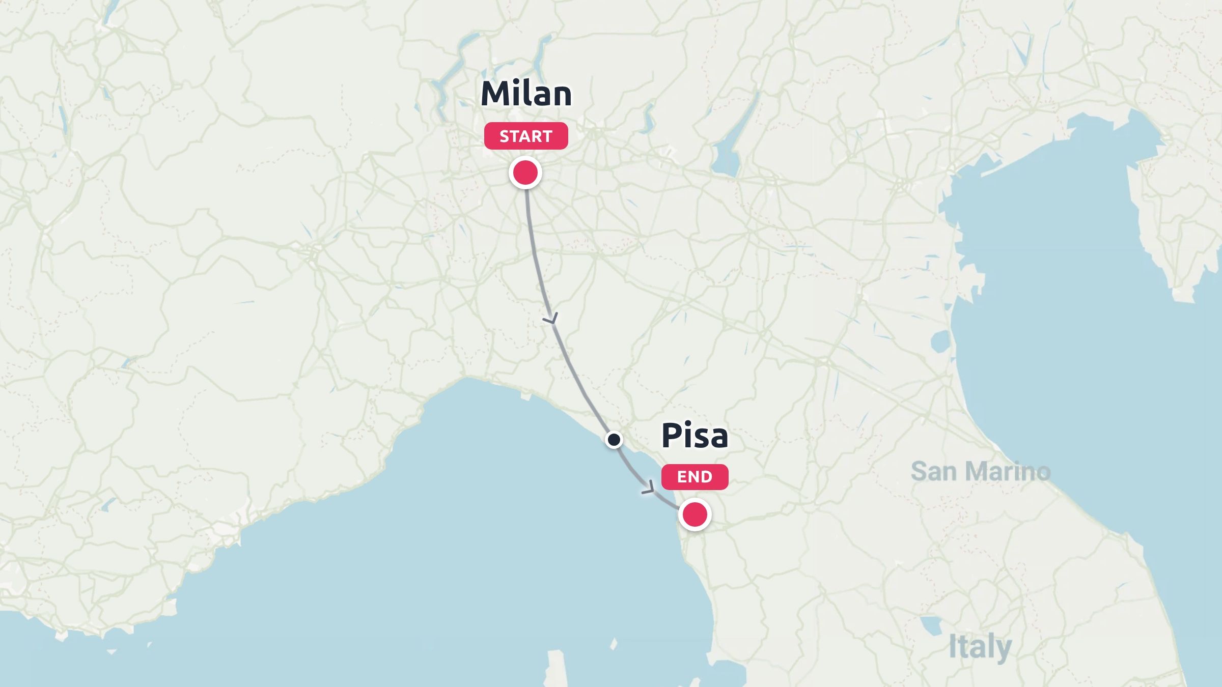 A travel route map in Italy showing a journey starting in Milan and ending in Pisa along the coast.