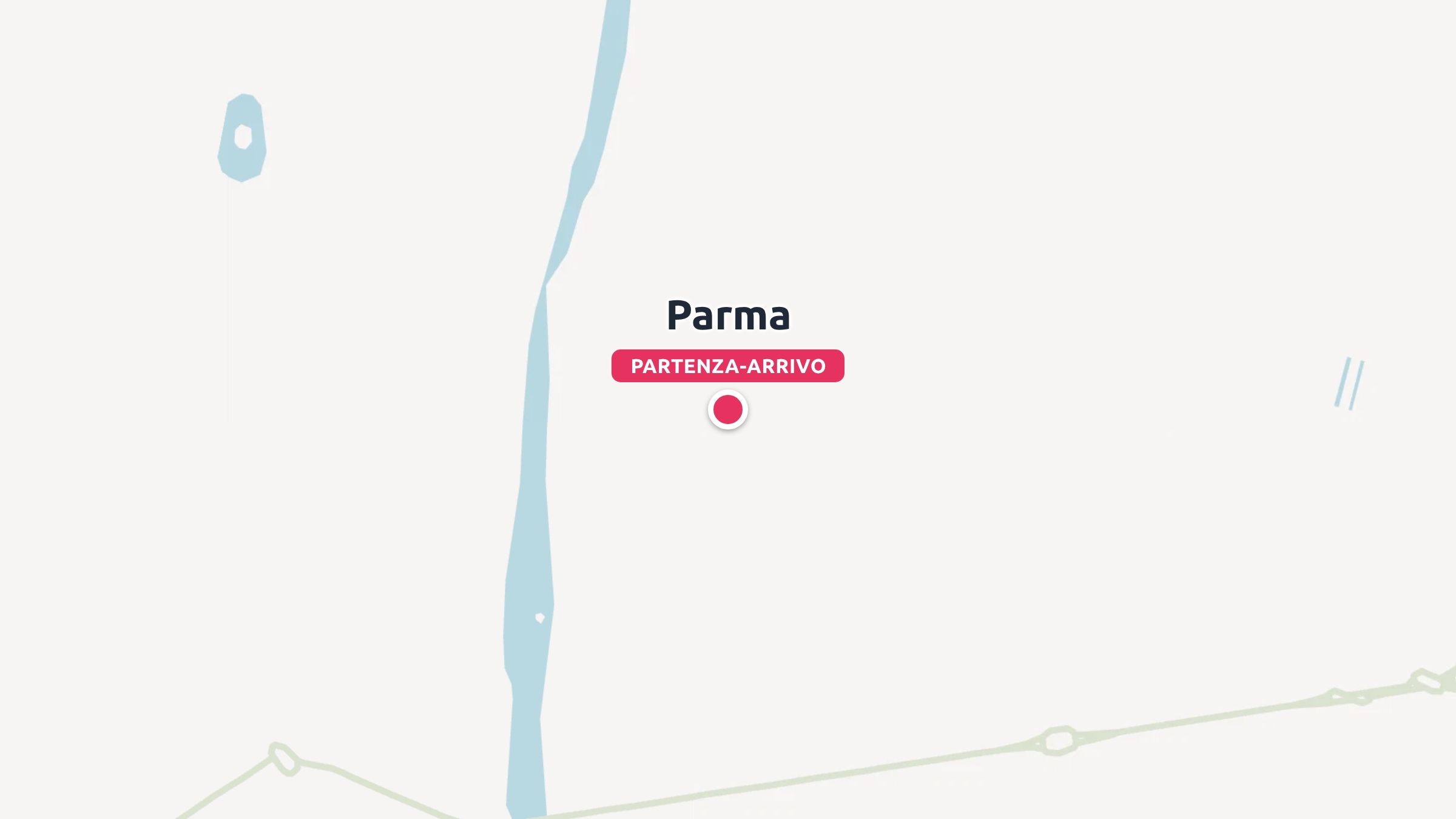 Una mappa di viaggio minimalista che indica Parma con un segnaposto rosso etichettato come partenza e arrivo.