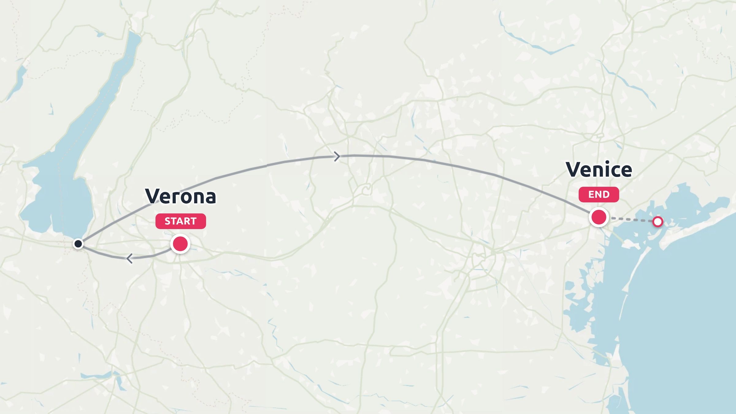 A travel route map showing a journey starting in Verona and ending in Venice.