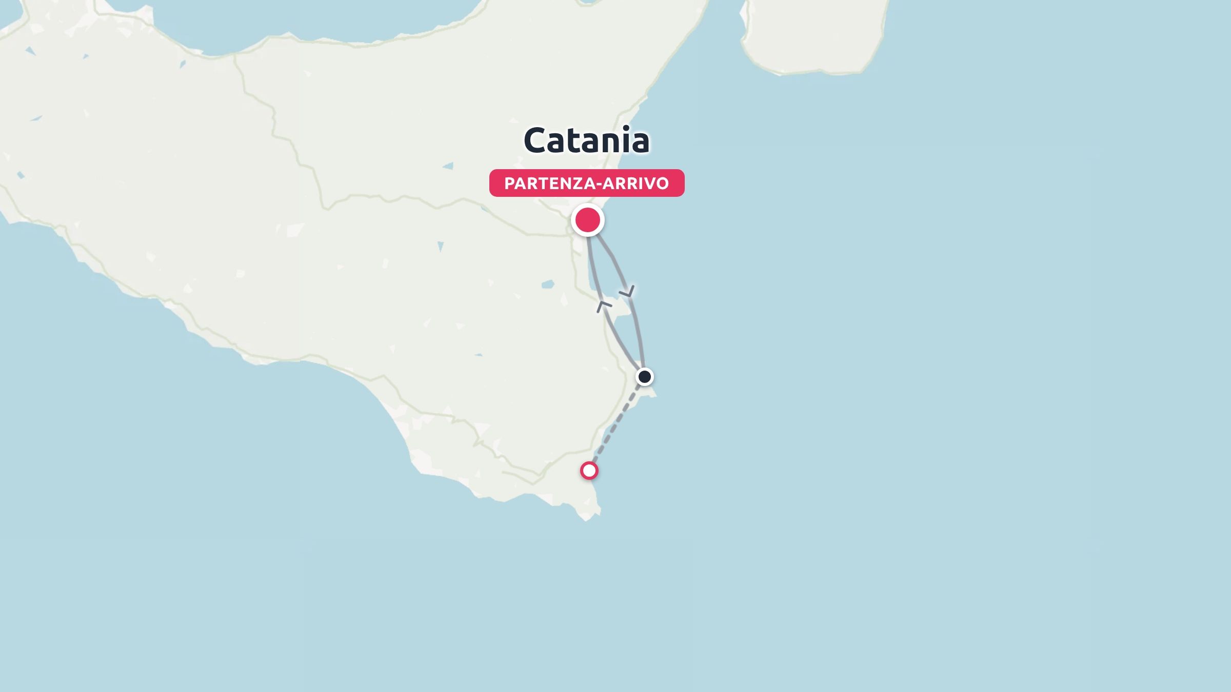 Itinerario di viaggio lungo la costa orientale della Sicilia con partenza e arrivo a Catania