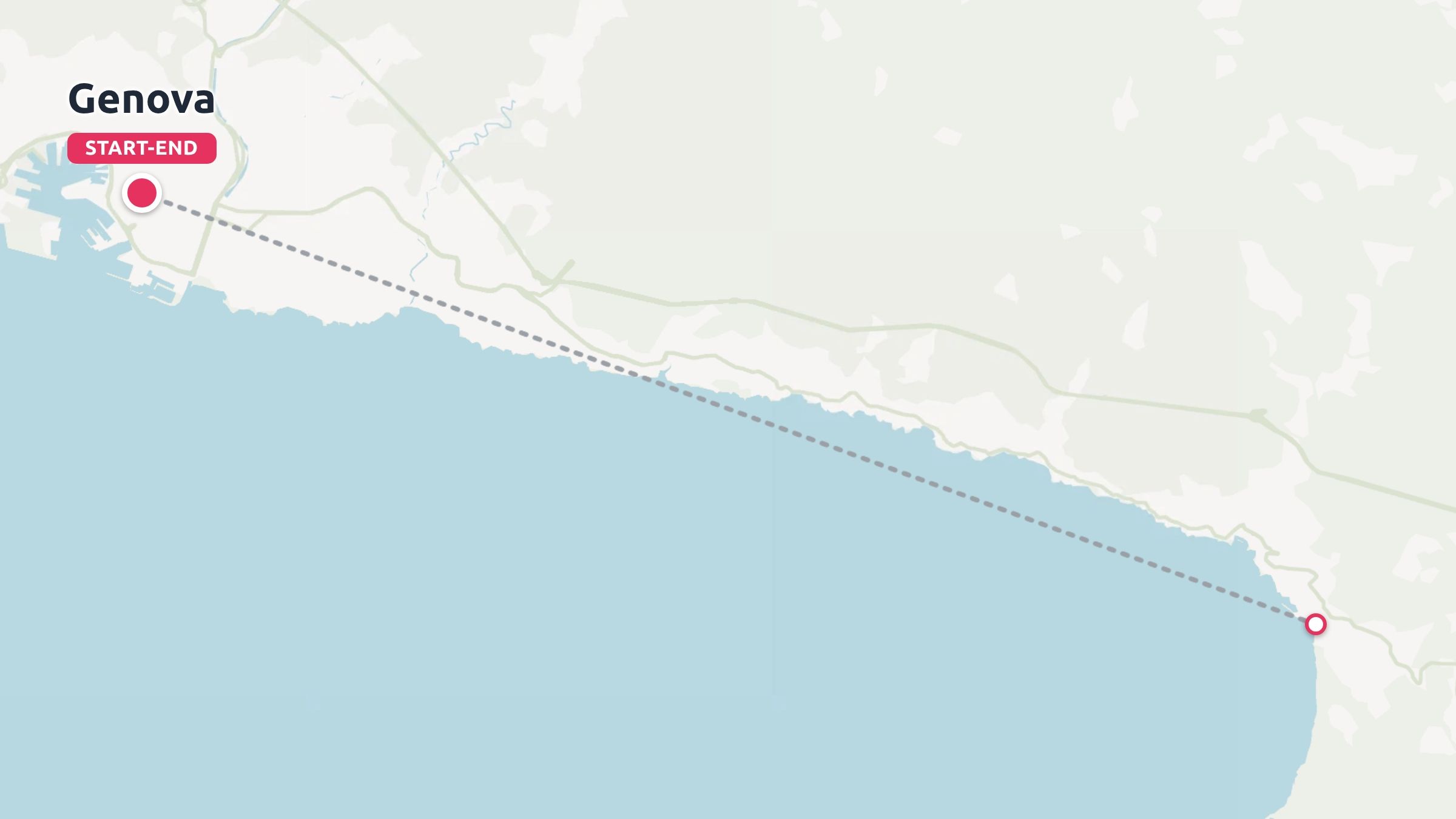 A map showing a coastal travel route starting and ending at Genova indicated with a dashed line.