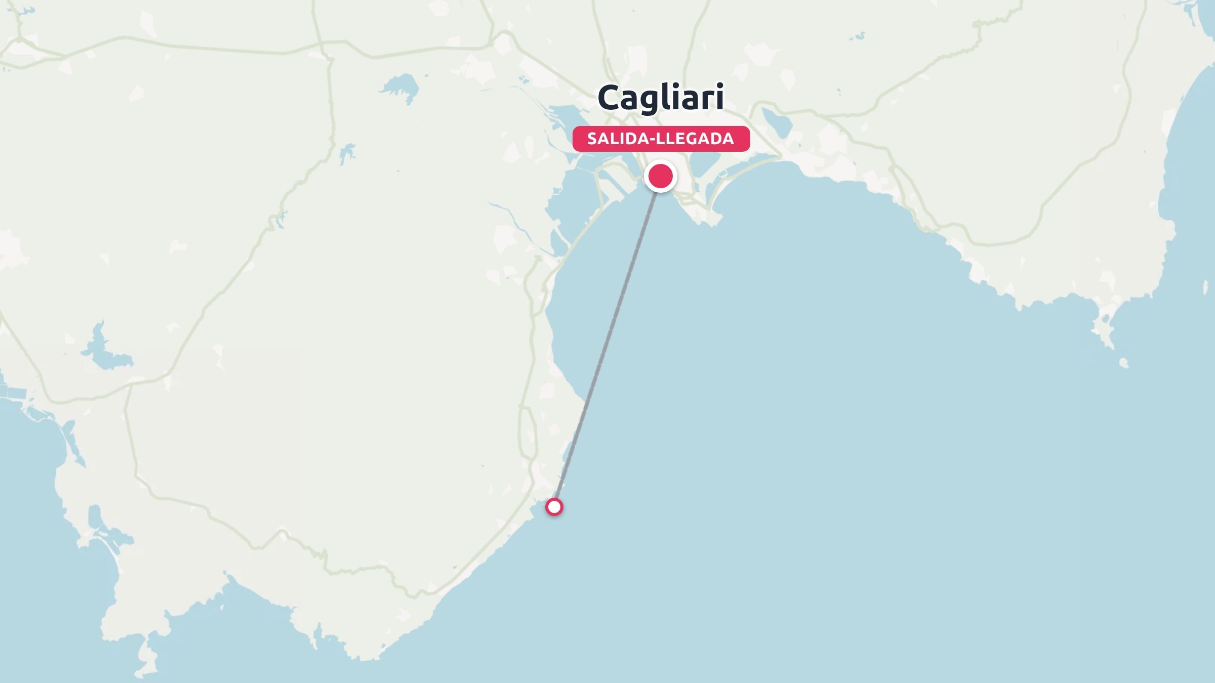 Un mapa de ruta de viaje que muestra Cagliari como punto de salida y llegada con una línea de ruta costera.