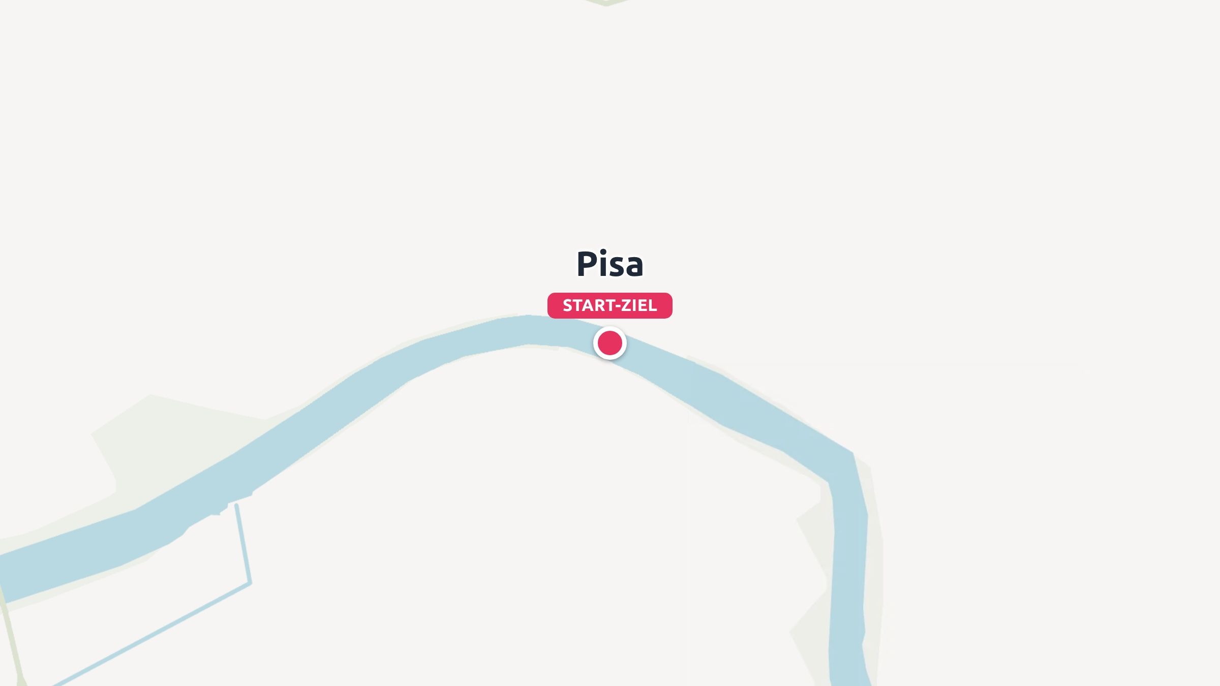 Eine Kartengrafik, die Pisa mit einem Start- und Zielpunkt entlang eines Flusses zeigt.