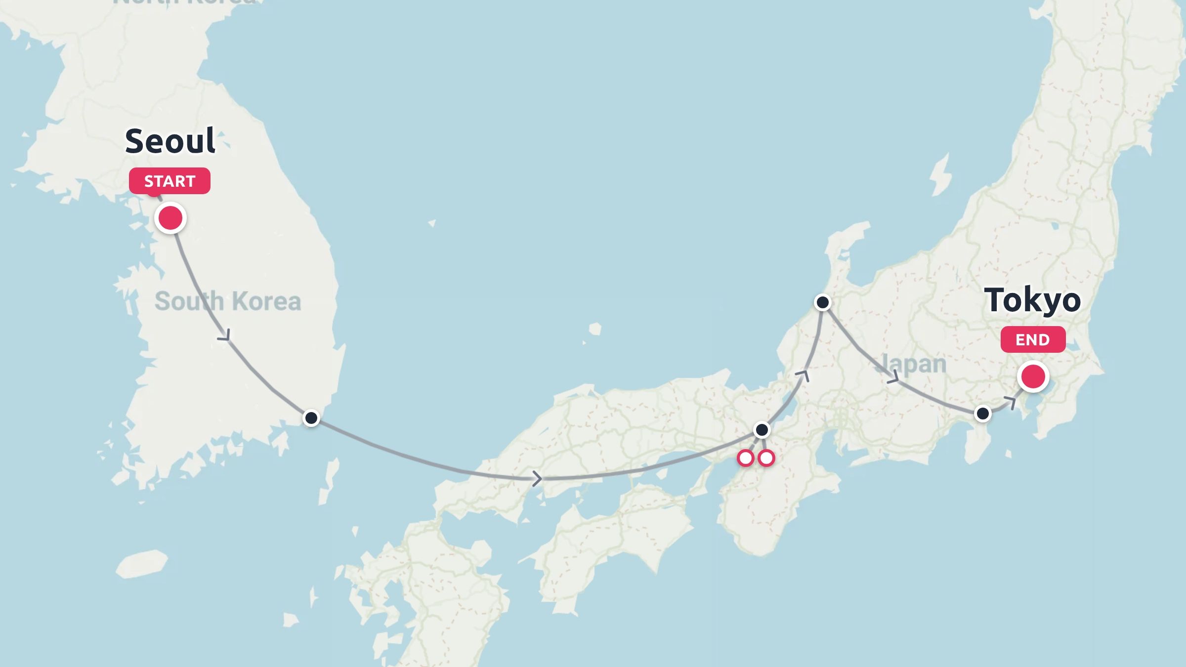 Travel route map starting in Seoul, South Korea, and traveling across destinations to end in Tokyo, Japan.