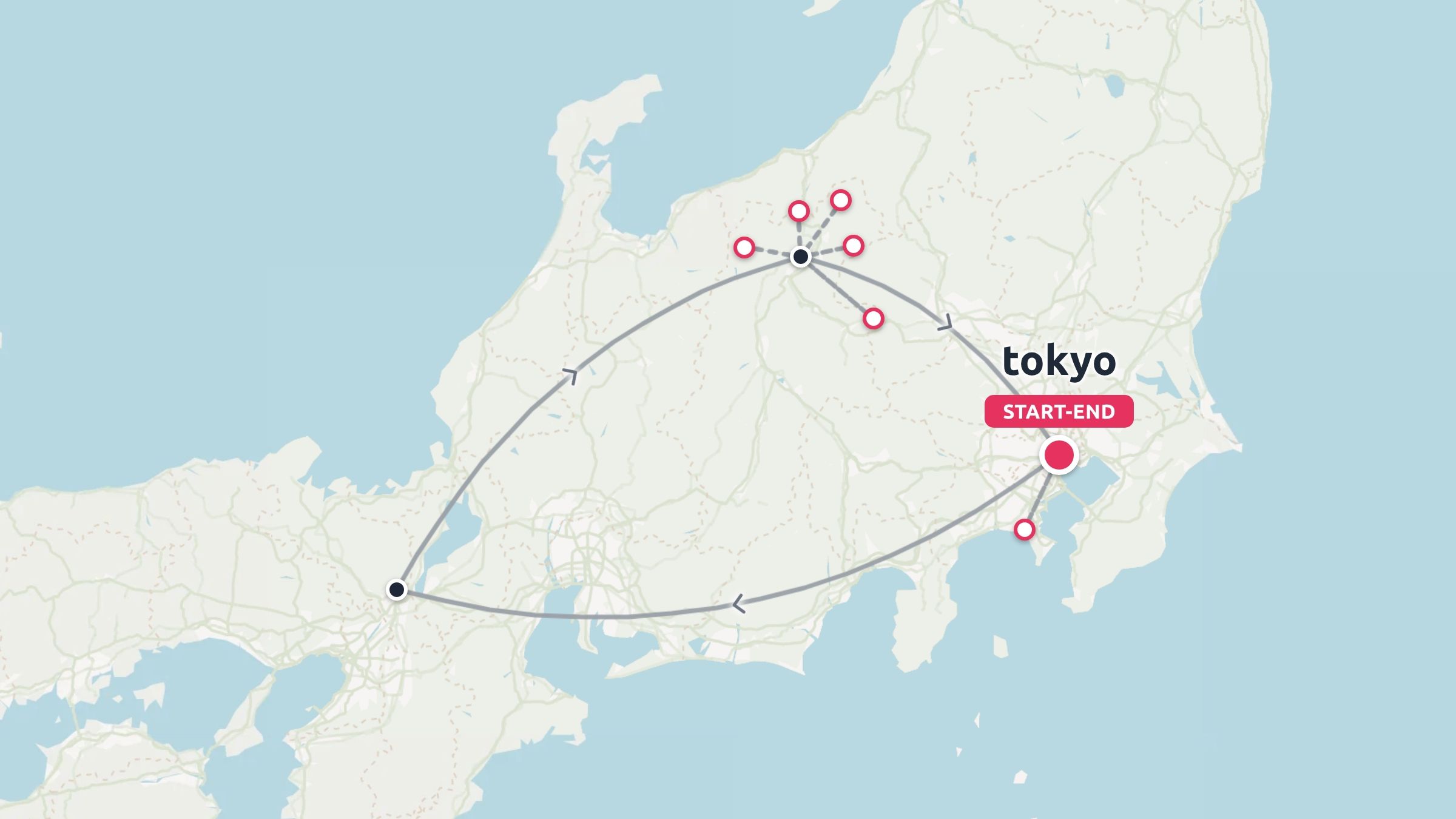 A travel itinerary map of Japan outlining a circular route with Tokyo marked as the start and end point.